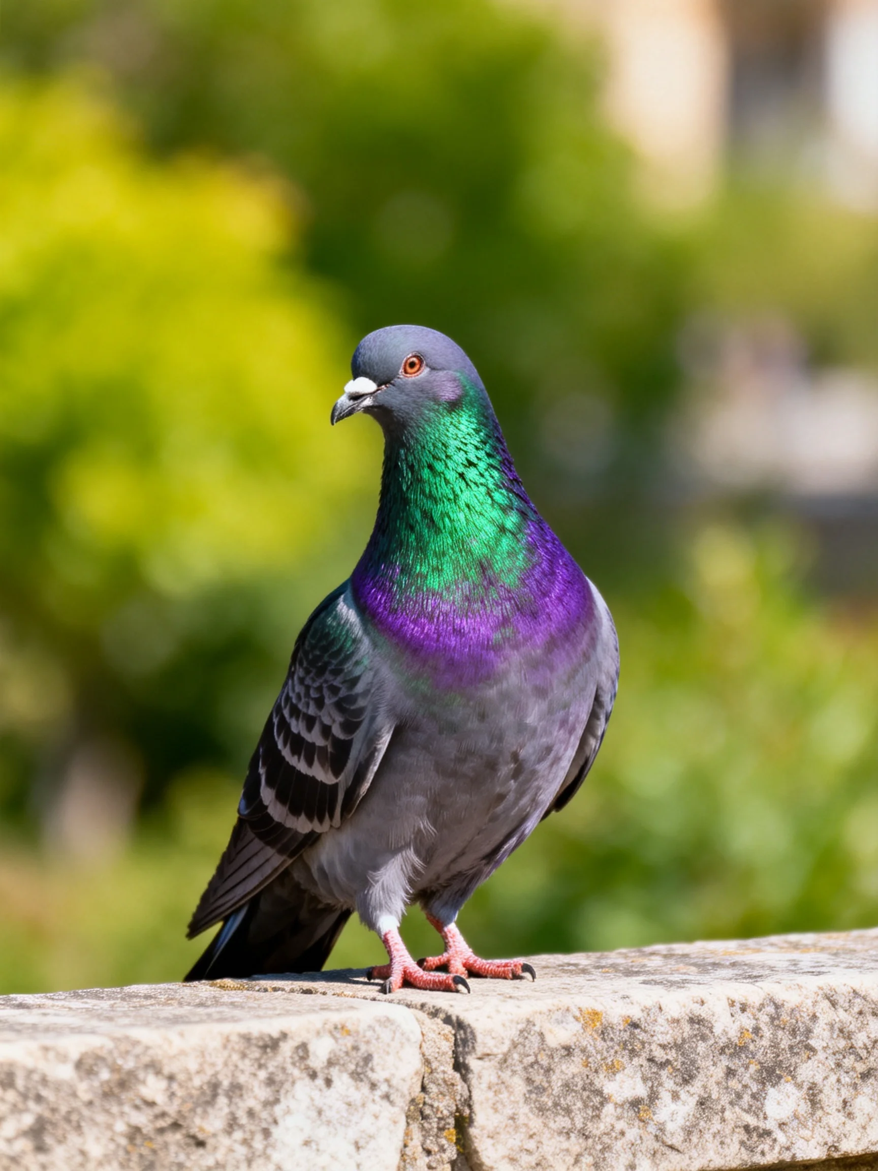 A vibrantly colored pigeon perched on a weathered stone ledge