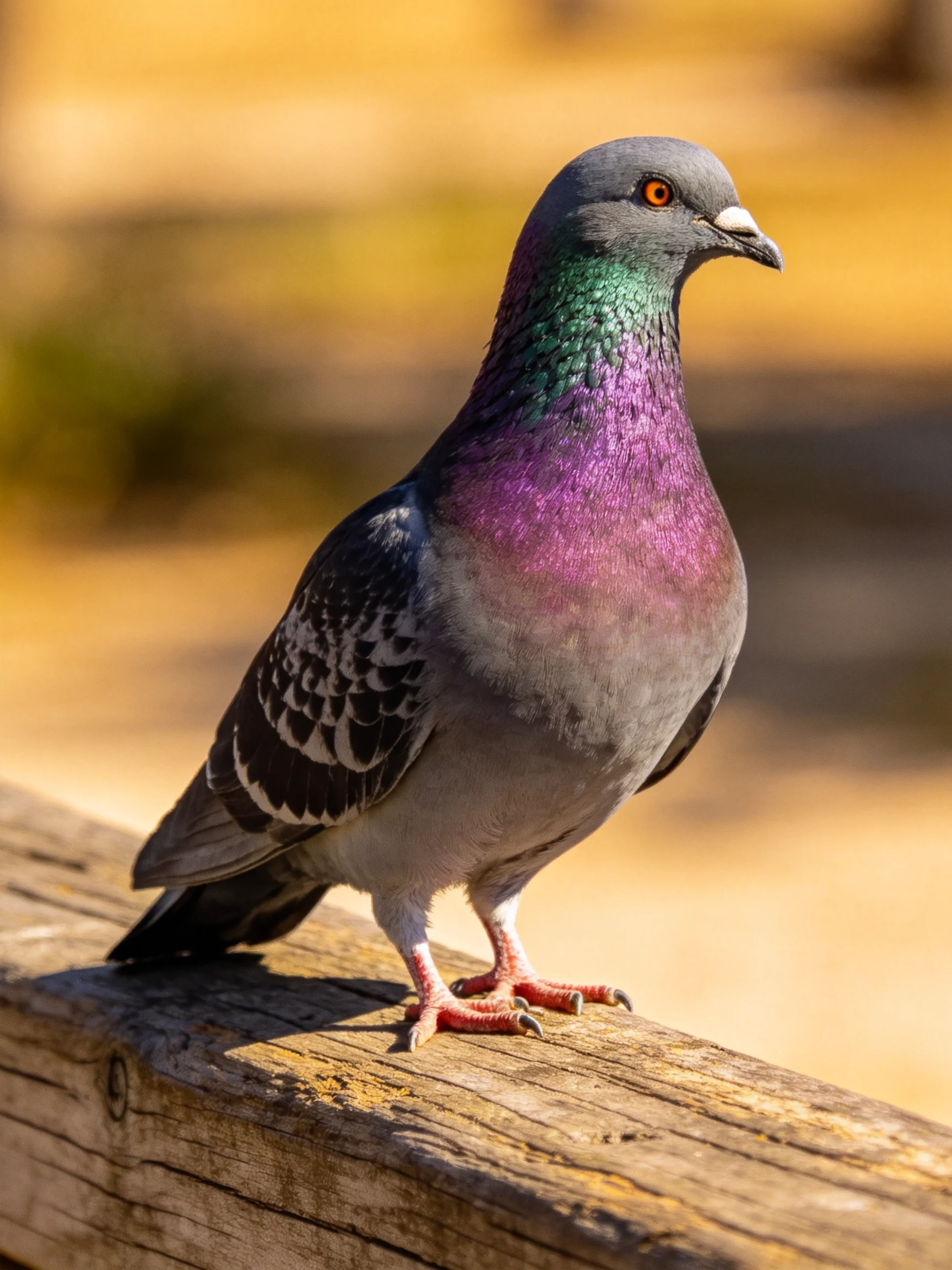 A vibrantly colored pigeon perched on a weathered wooden beam