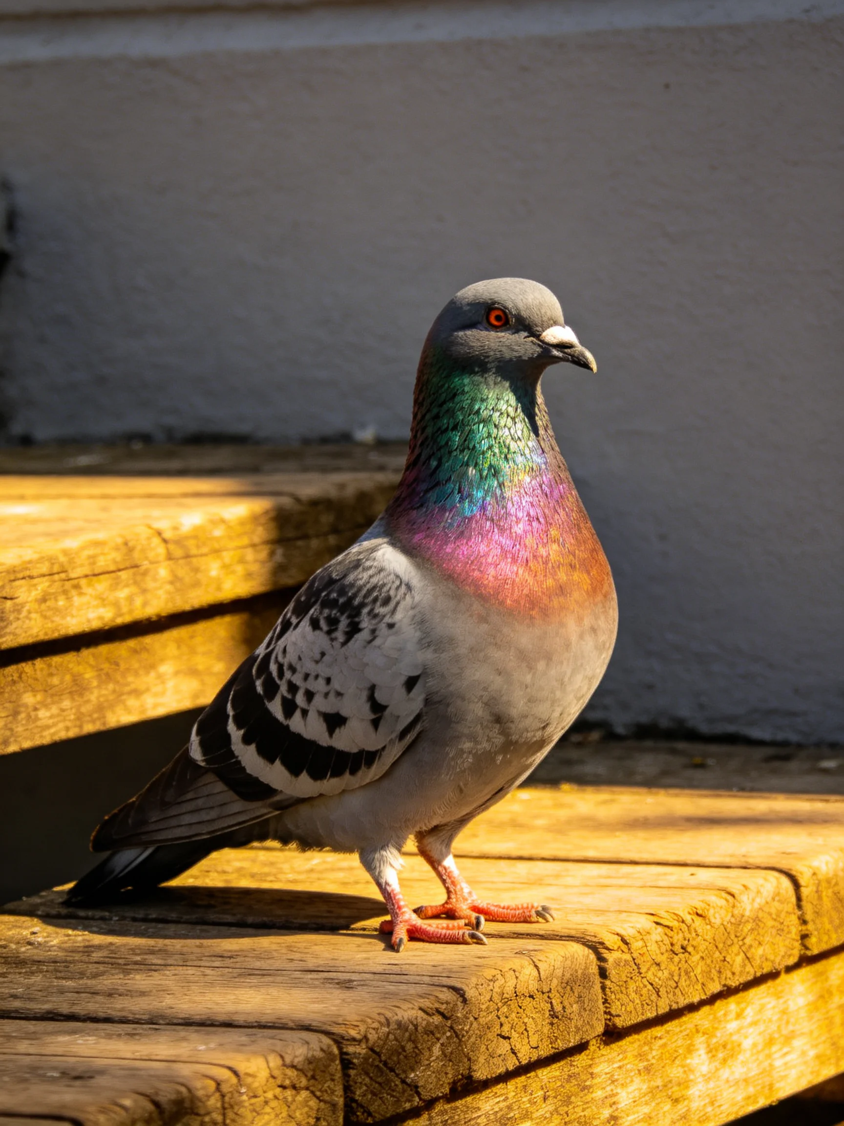 A colorful pigeon sits on a weathered wooden bench near a white wall.