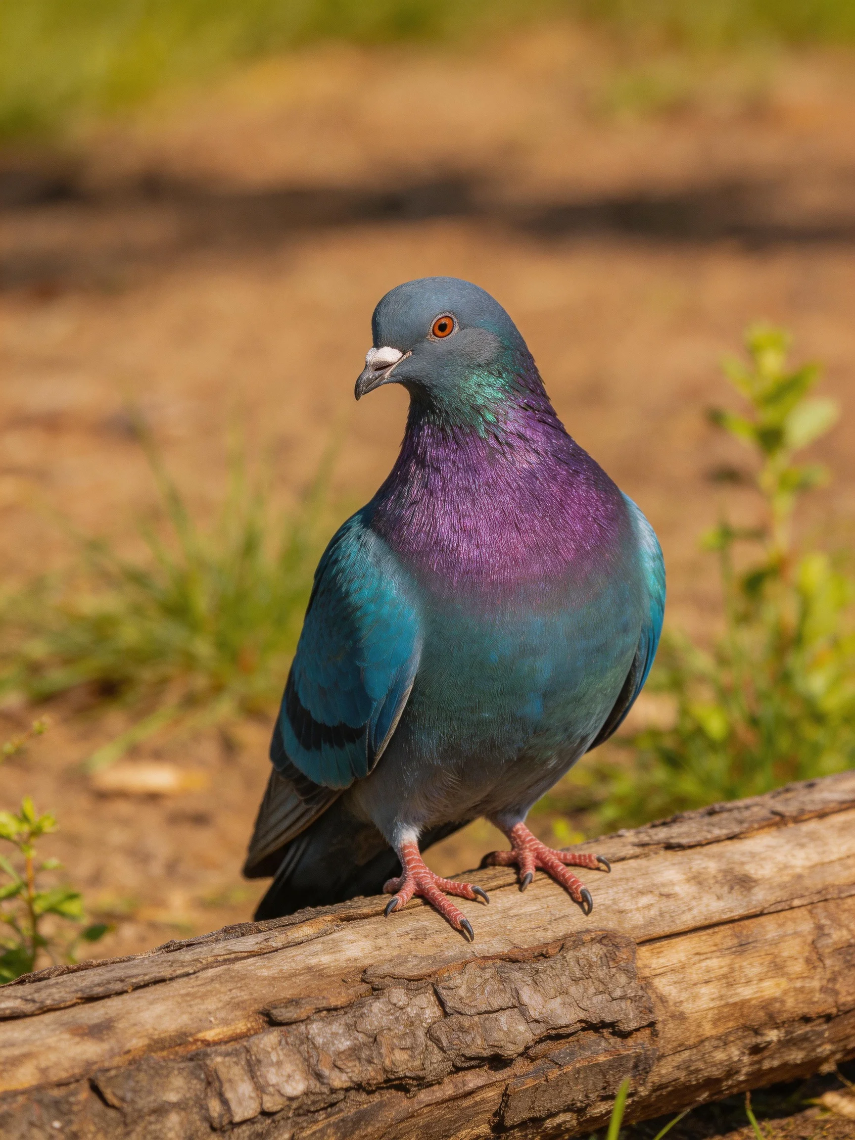 A vibrantly colored pigeon perched on a weathered wooden log