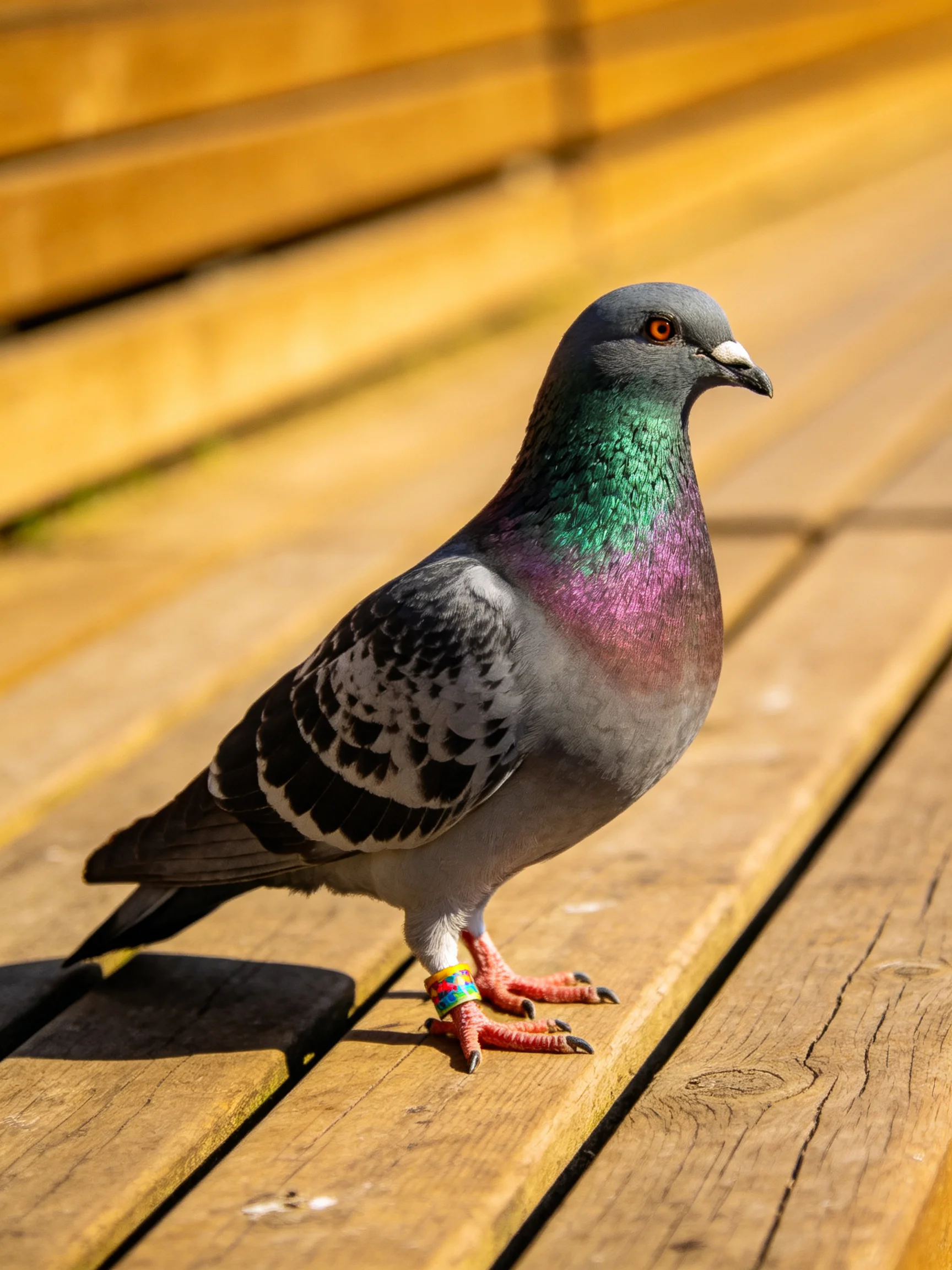 A colorful pigeon stands on a wooden bench in bright sunlight.