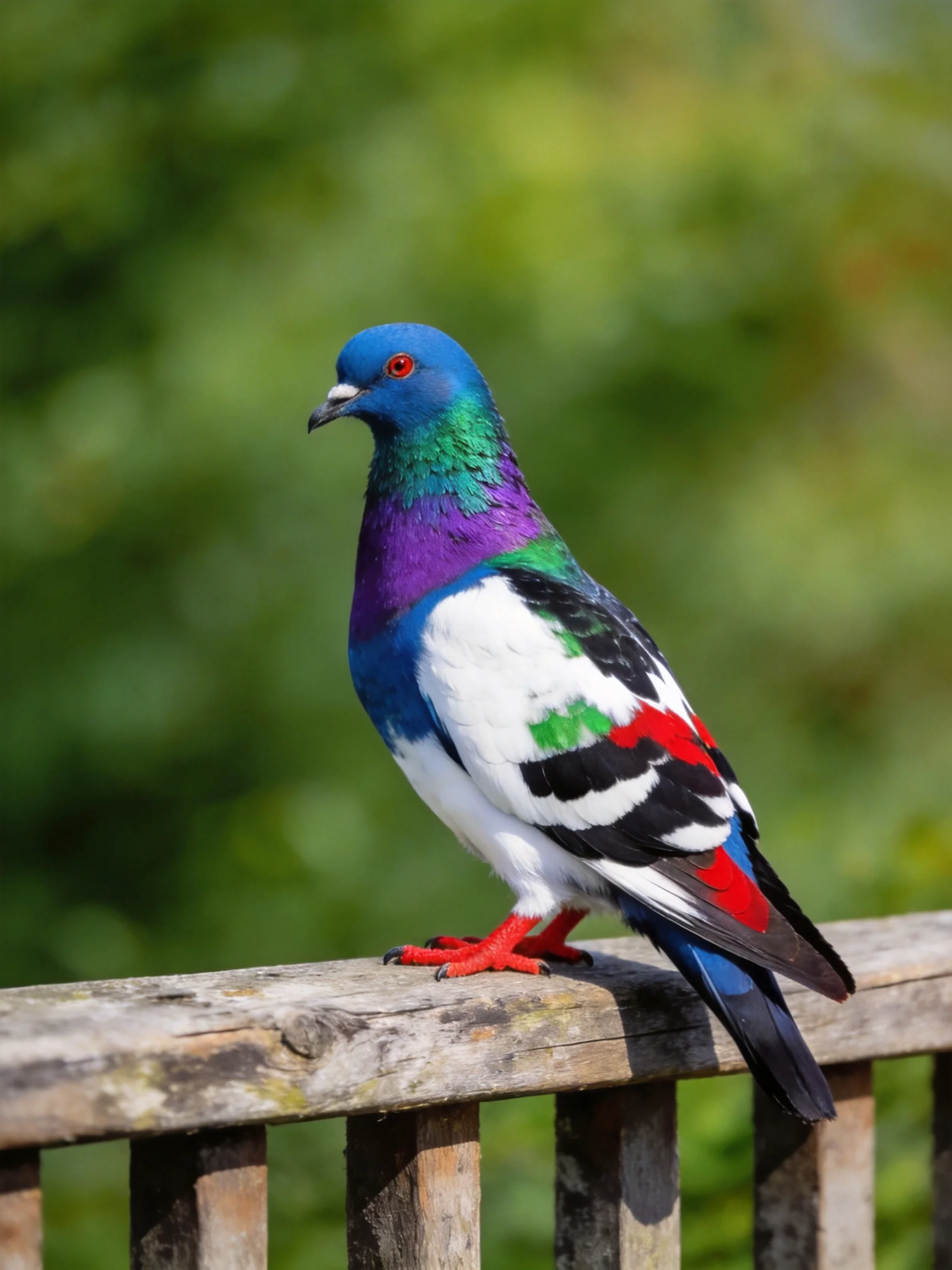 A vibrantly colored pigeon perched on a wooden railing