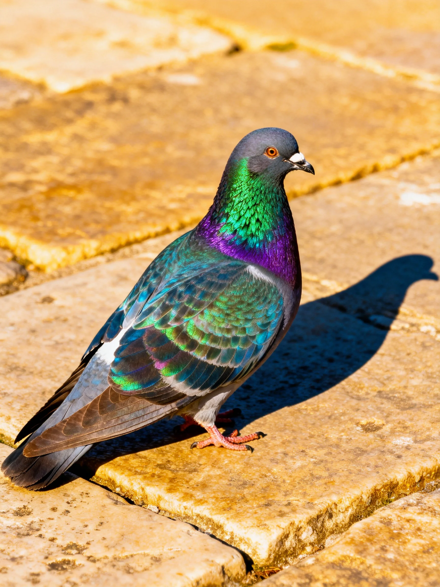 A vibrantly colored pigeon perched on aged stone pavement tiles