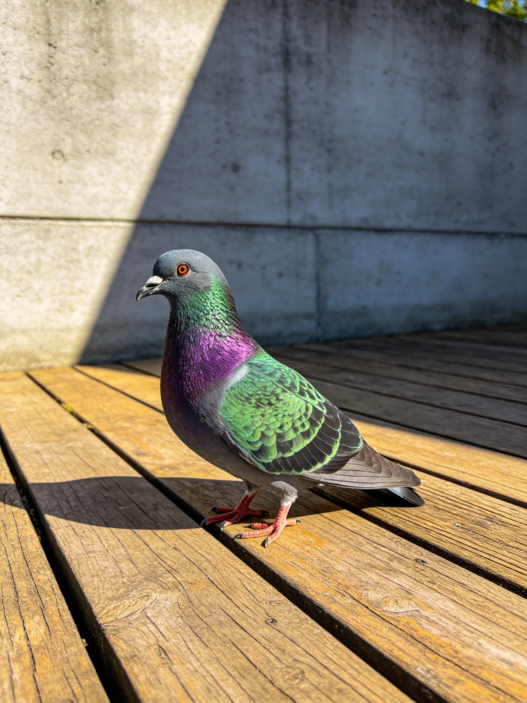A colorful pigeon rests on wooden planks next to a concrete structure.