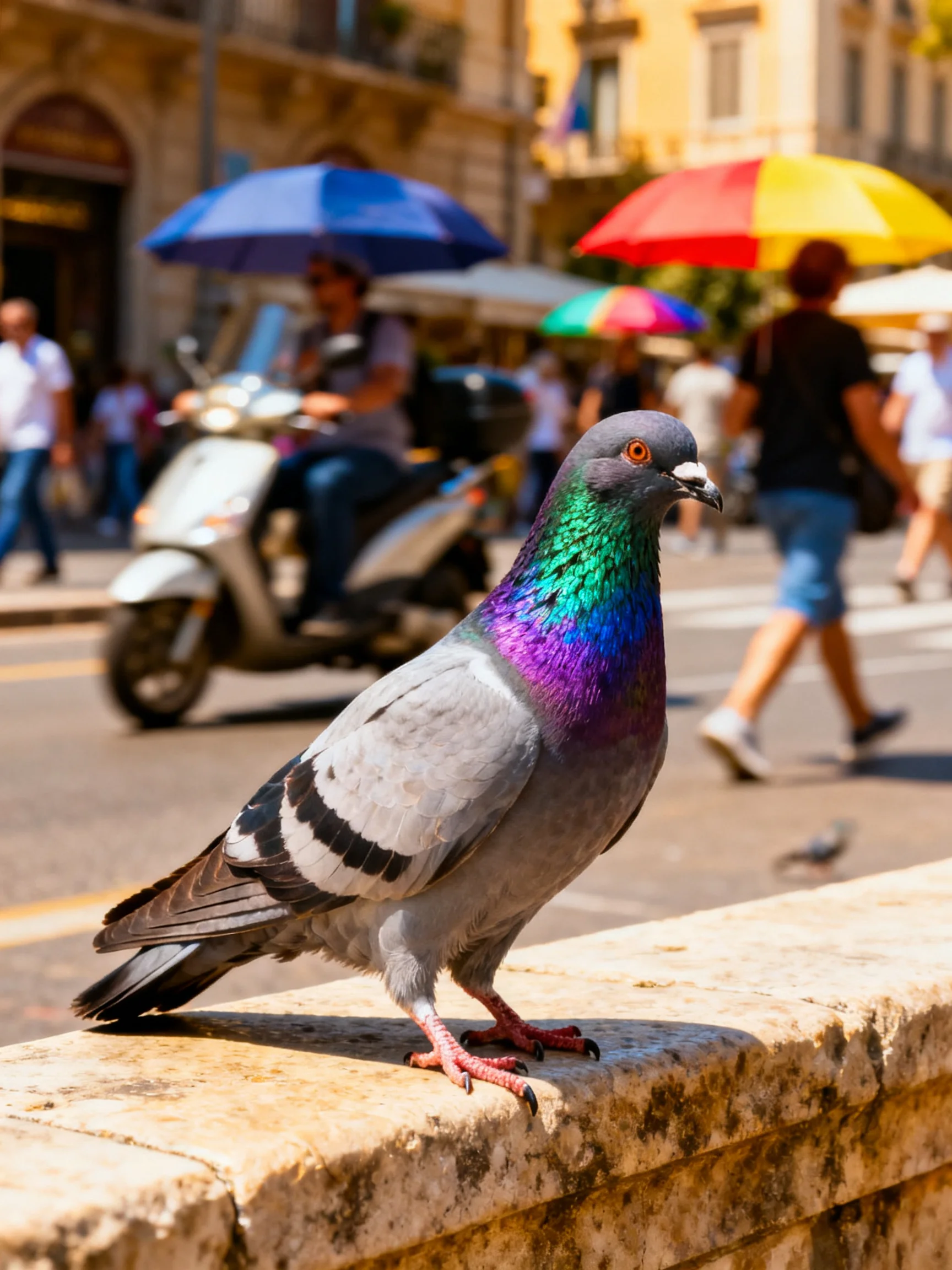 A vibrantly colored pigeon perches on a stone ledge beside colorful umbrellas in a busy city square