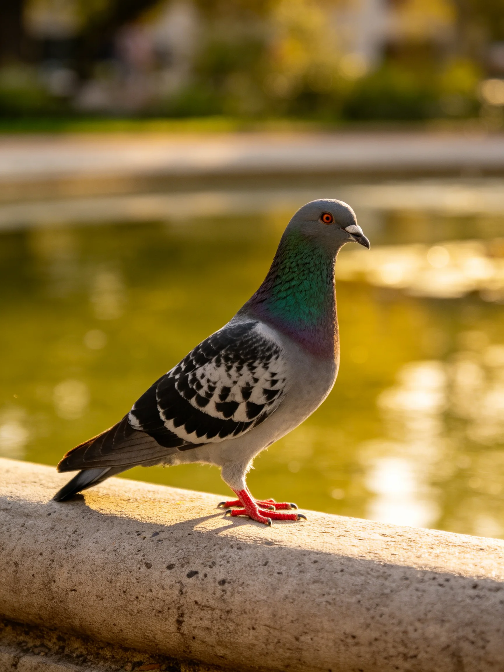 A vibrantly colored pigeon perches on a stone ledge near a golden pond