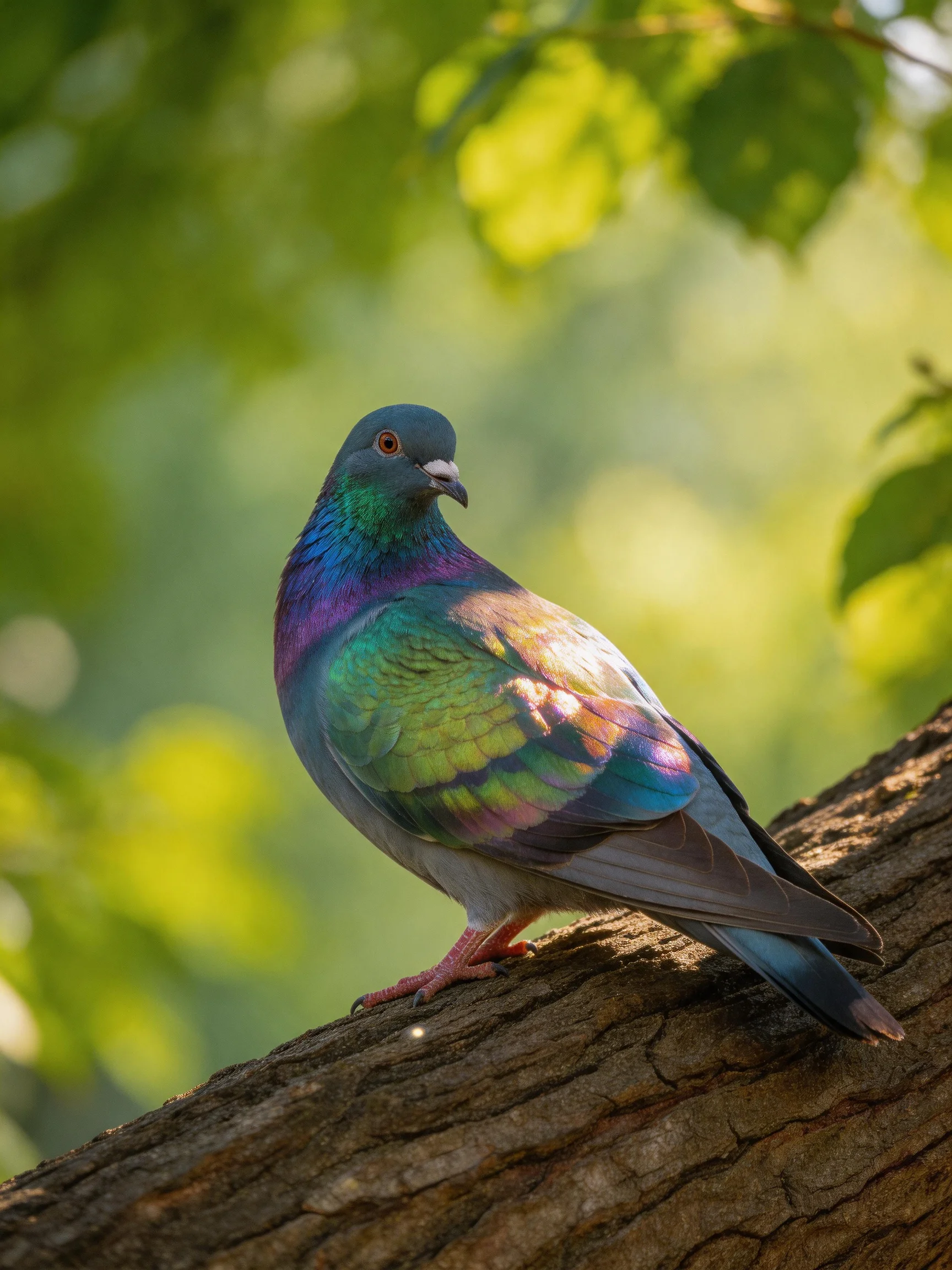 A vibrantly colored pigeon perches on a textured tree branch