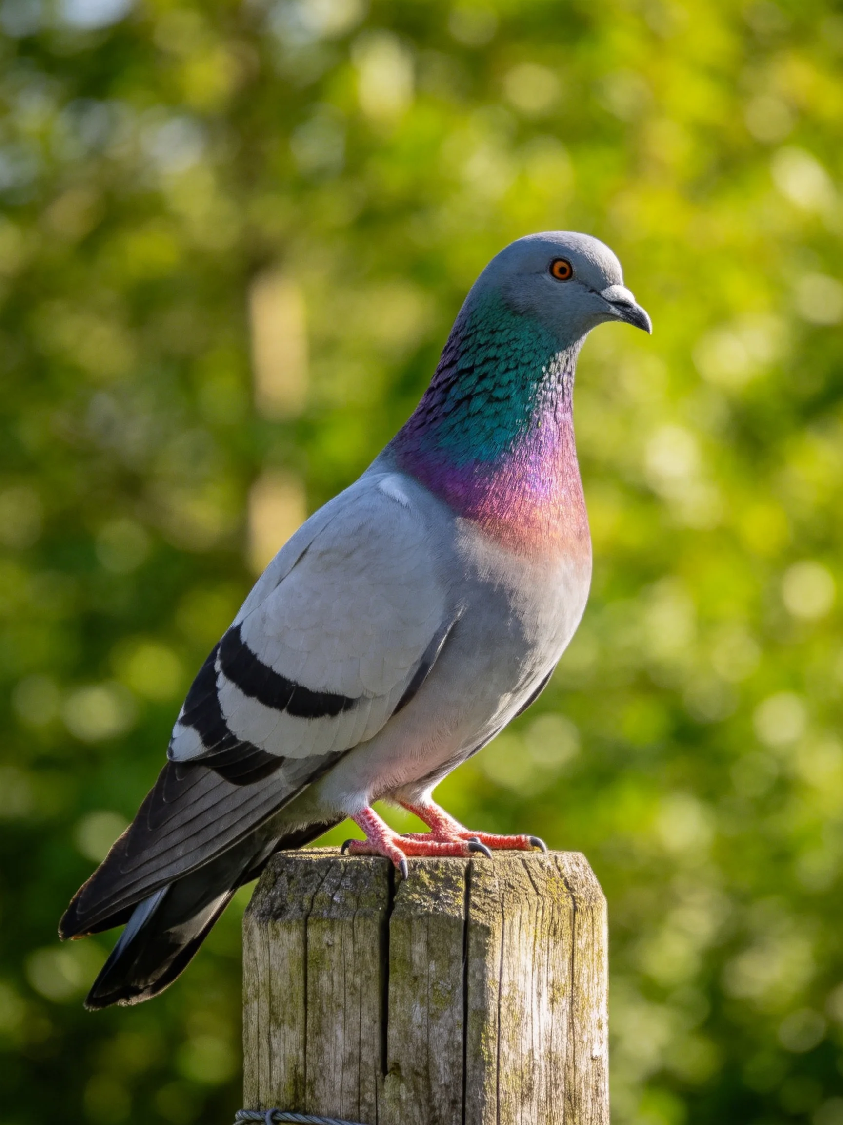 A colorful pigeon rests on a wooden post with greenery in the background