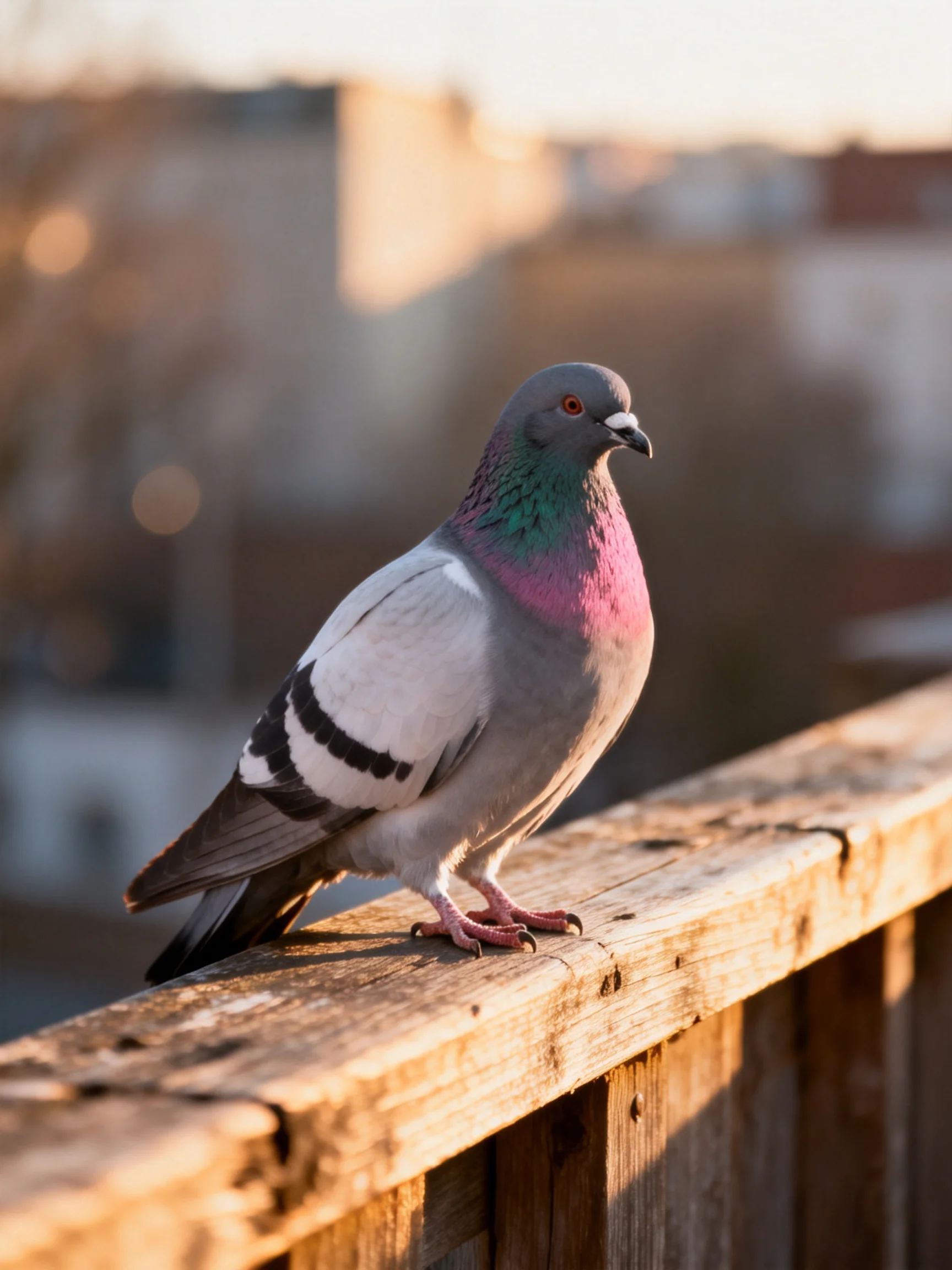 A vibrantly colored pigeon perches on a weathered wooden railing