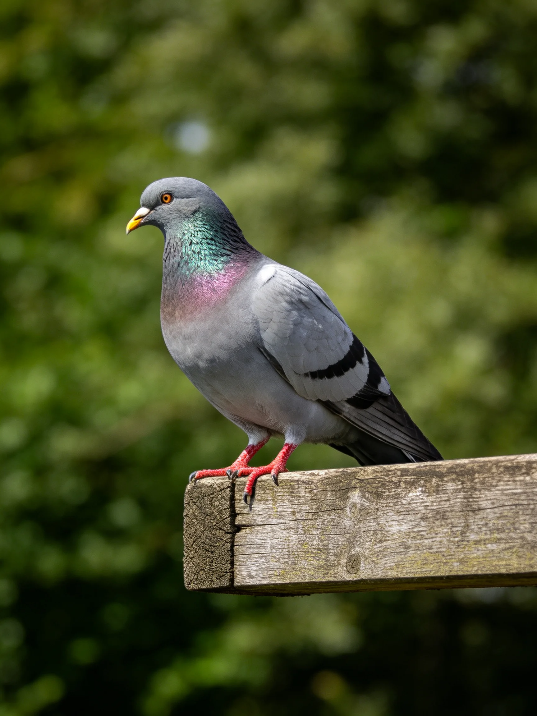A vibrantly colored pigeon perches on weathered wooden planks amidst lush green foliage.