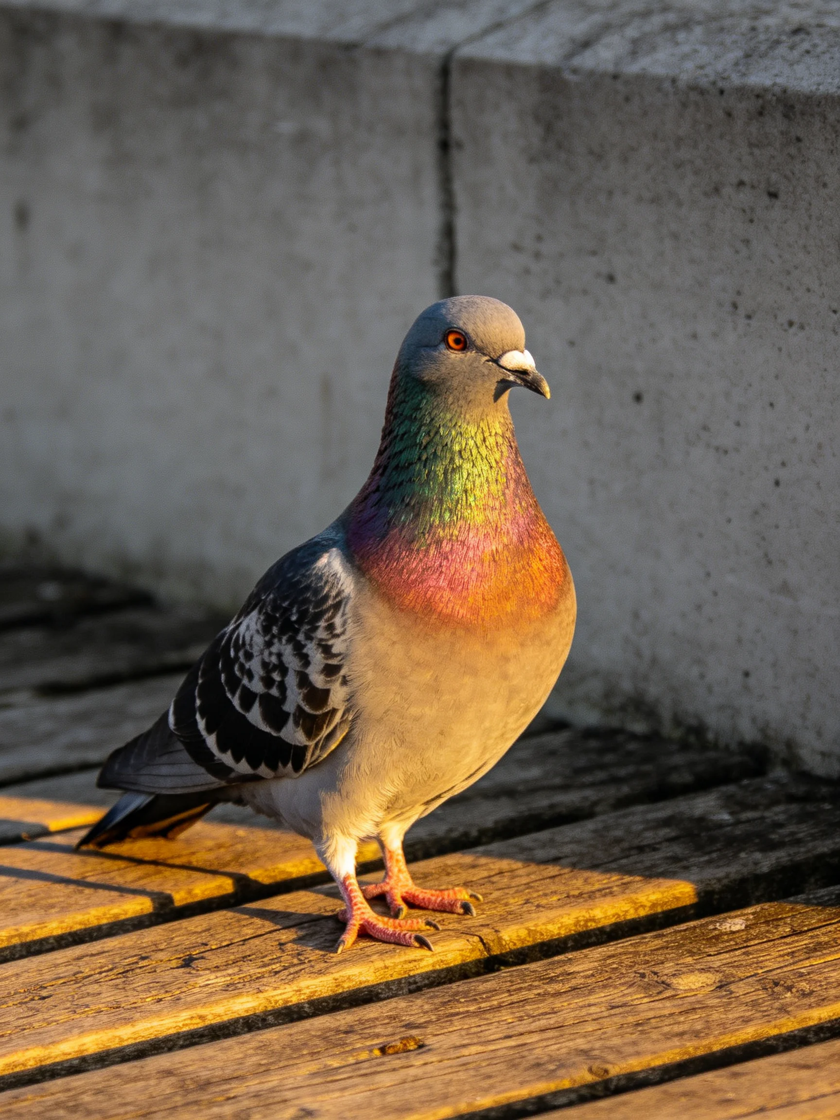 A vibrantly colored pigeon perches on weatheredwooden planks near a concrete wall