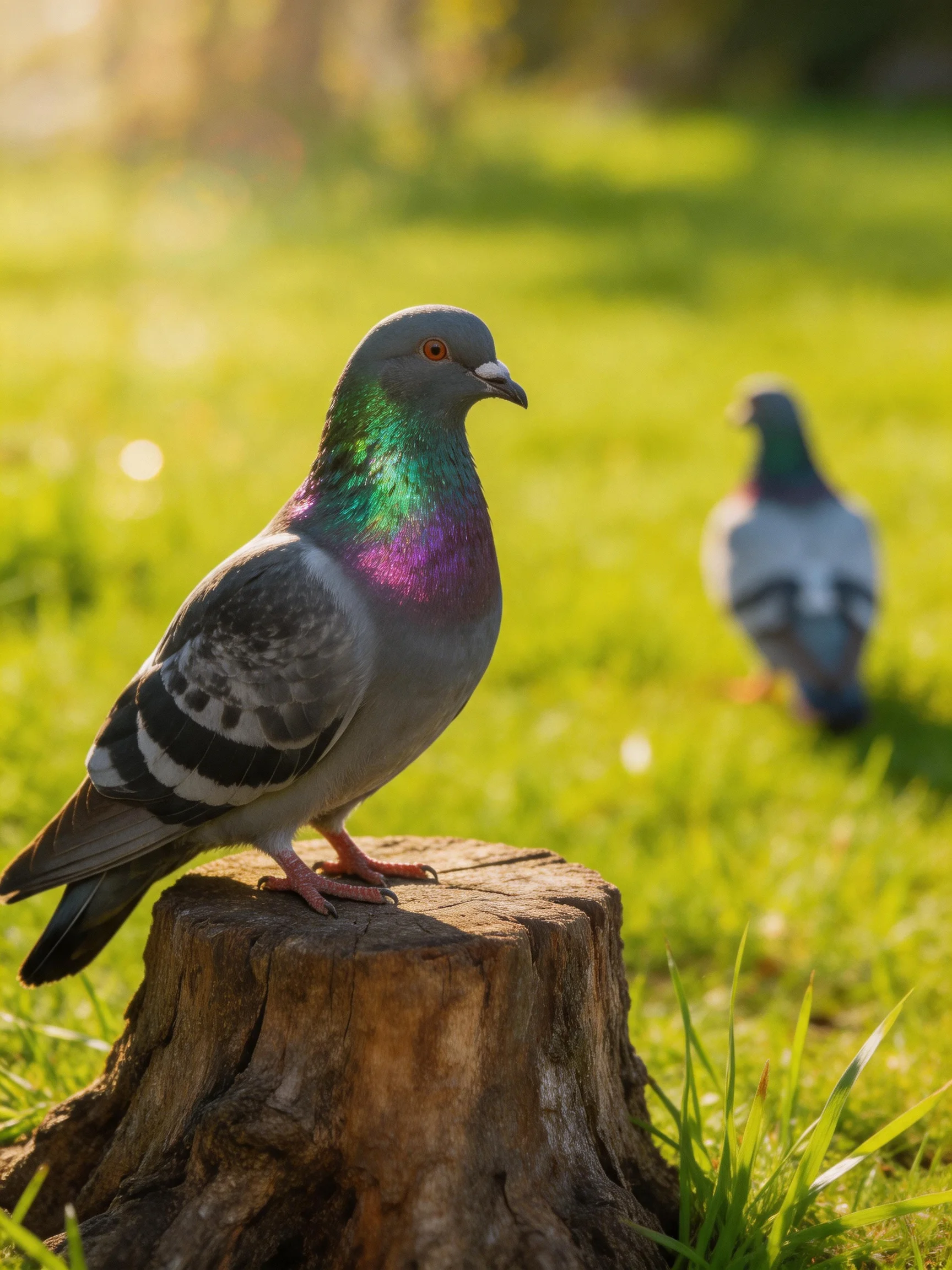 A vibrantly colored pigeon sits atop a tree stump beside another bird