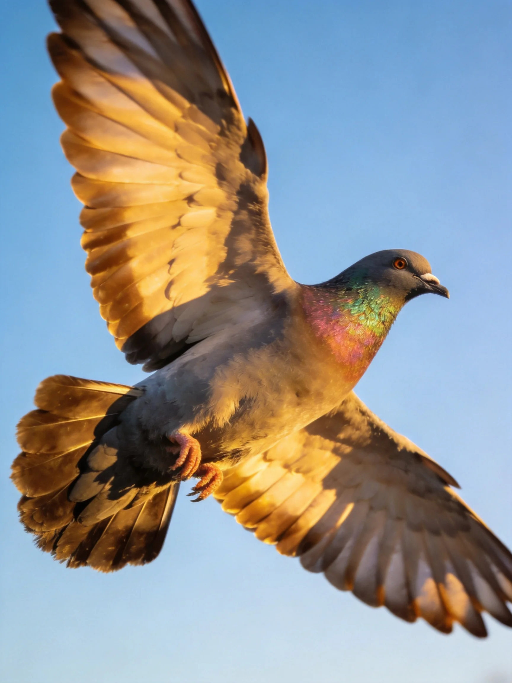 A vibrantly colored pigeon soaring with outstretched wings against a clear blue sky