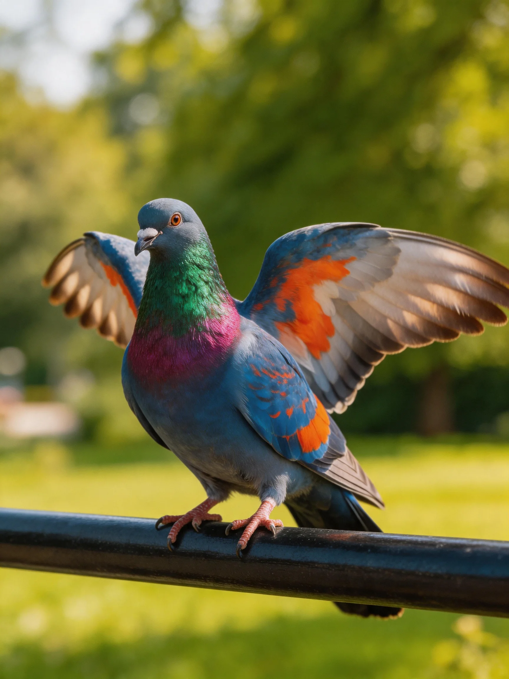 A vibrantly colored pigeon spreads wings on a dark perch
