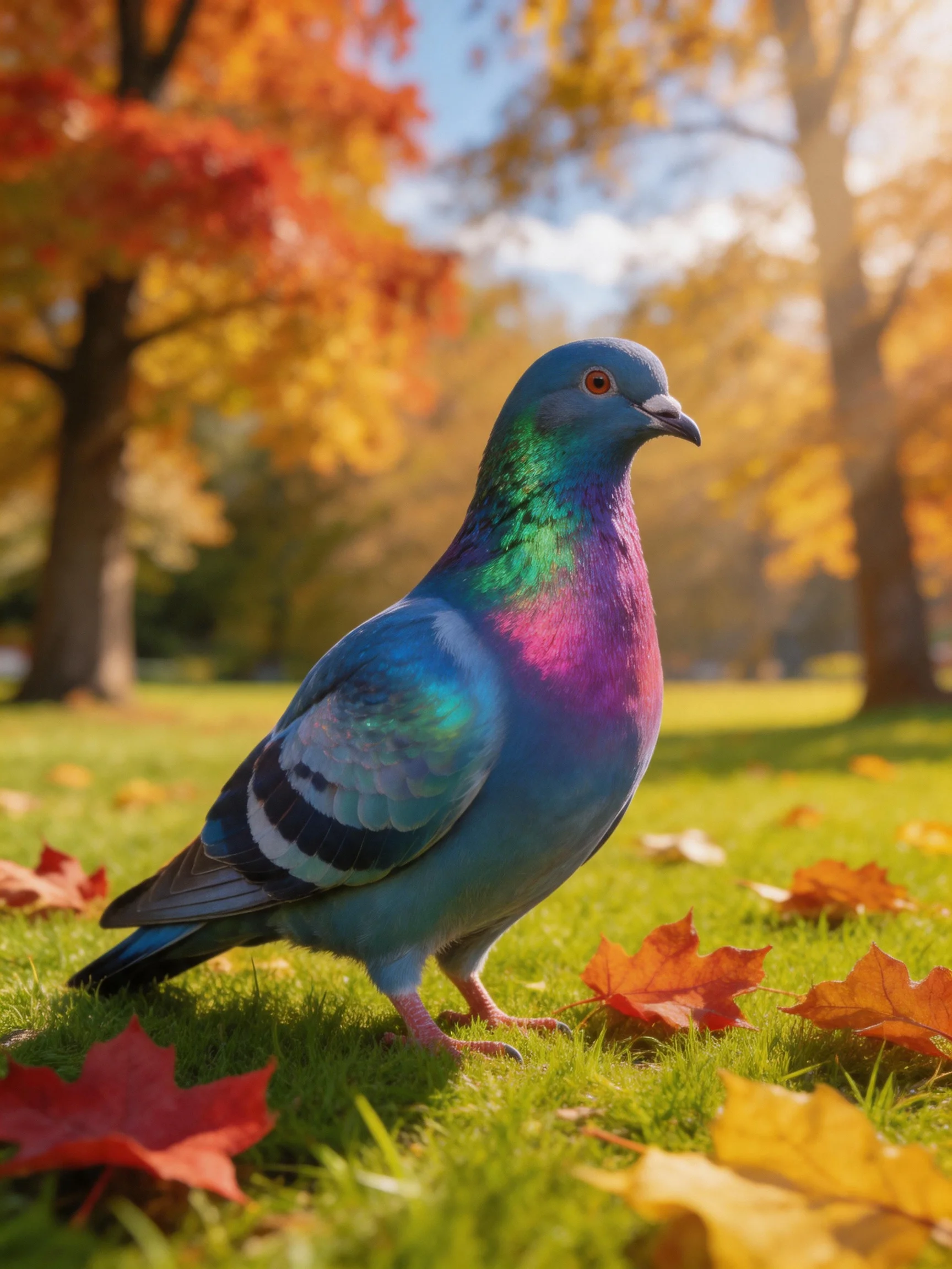 A vibrantly colored pigeon stands among autumn leaves in a sunlit park