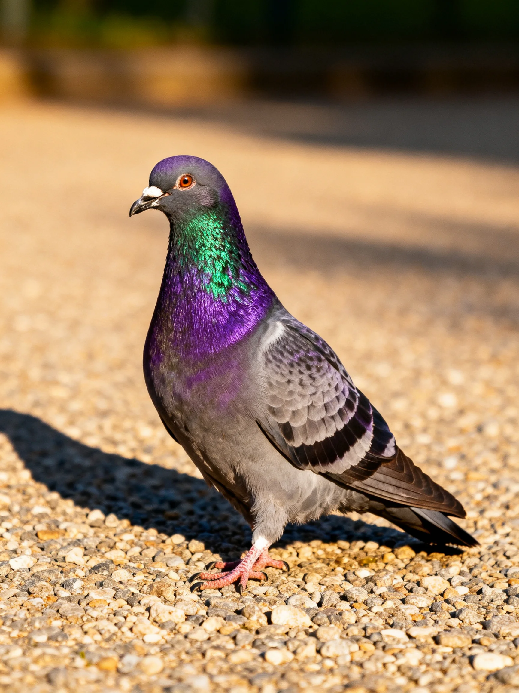 A vibrantly colored pigeon stands on a gravel path