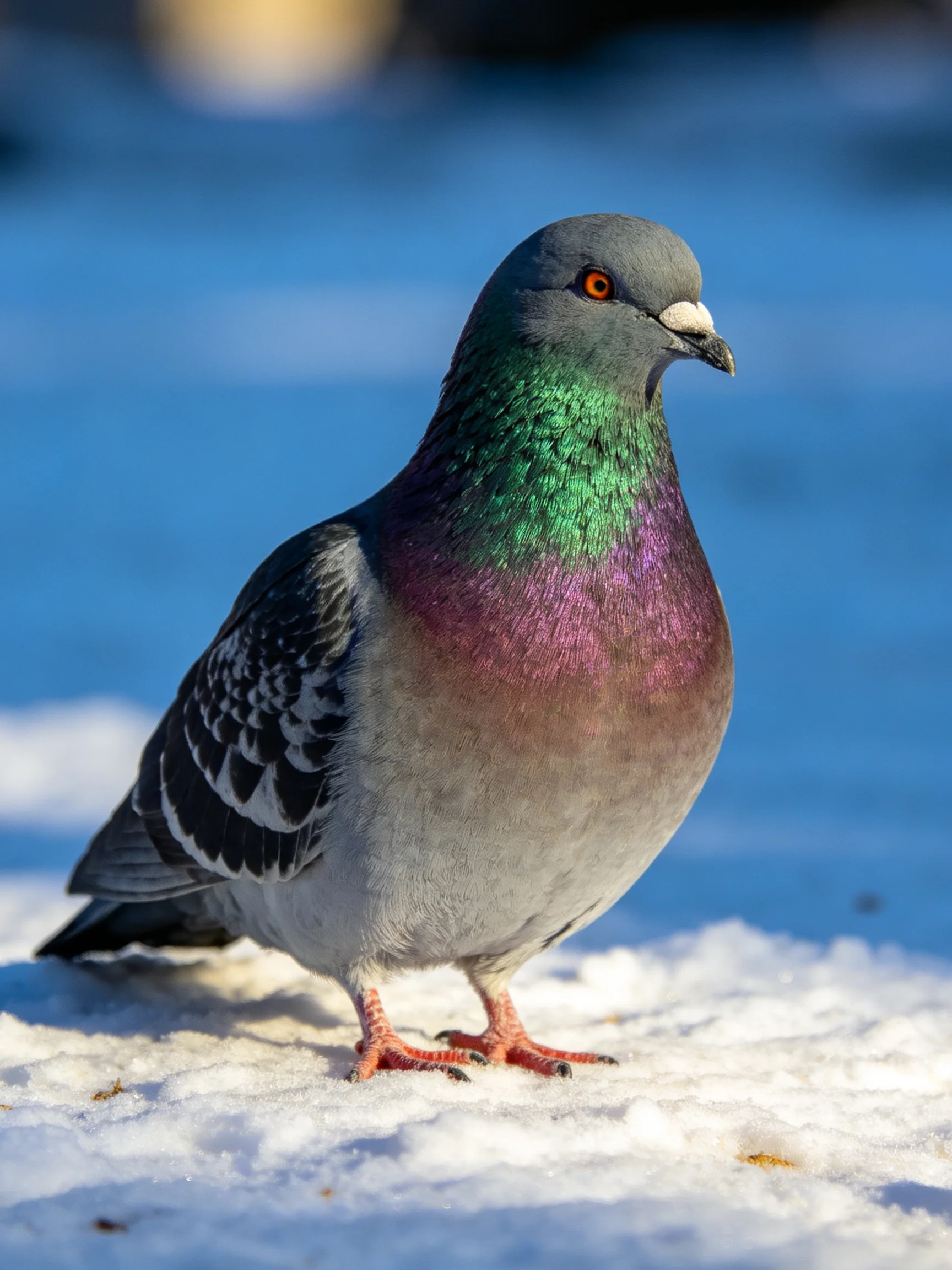 A vibrantly colored pigeon stands on snowy terrain