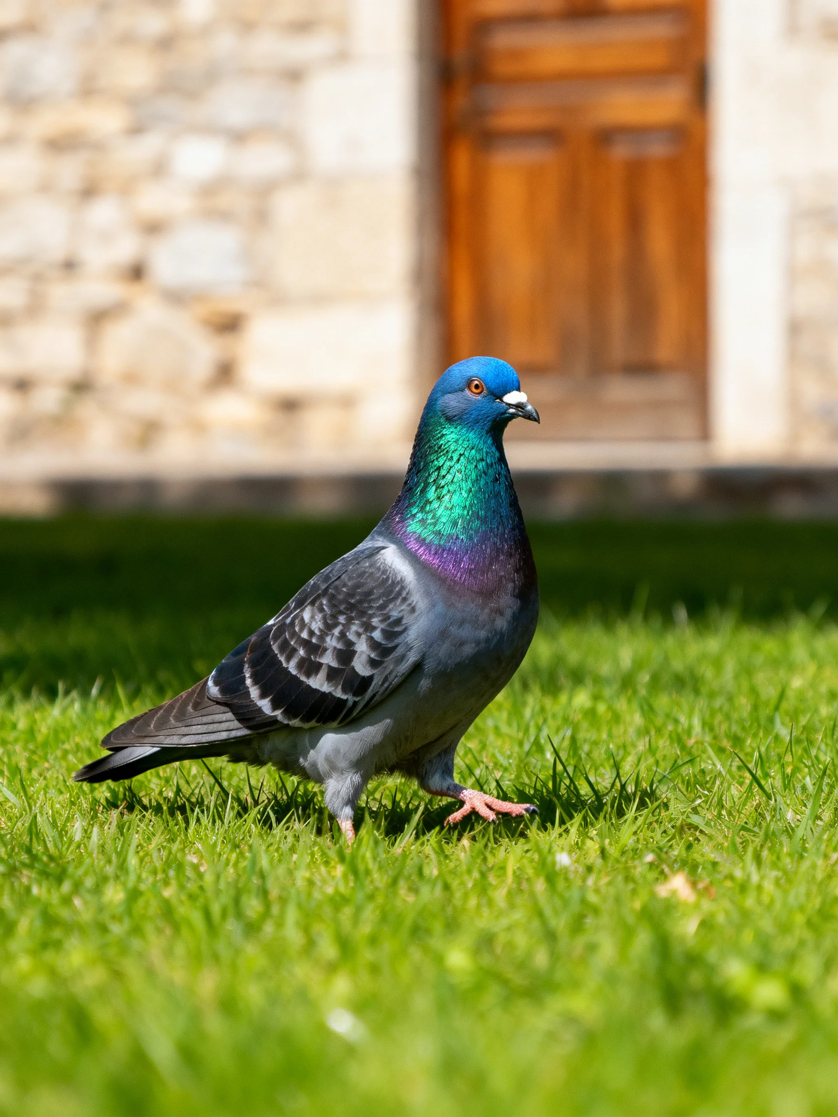 A vibrantly colored pigeon walks on lush green grass near a stone building