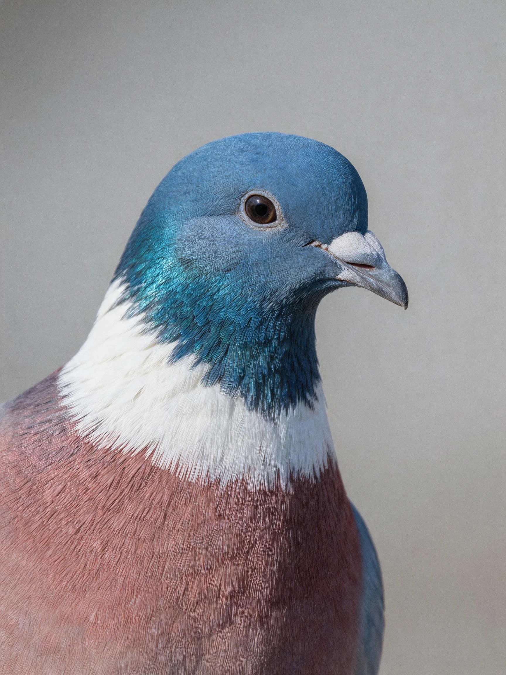 A vibrantly colored pigeon with blue, white, andbrown plumage