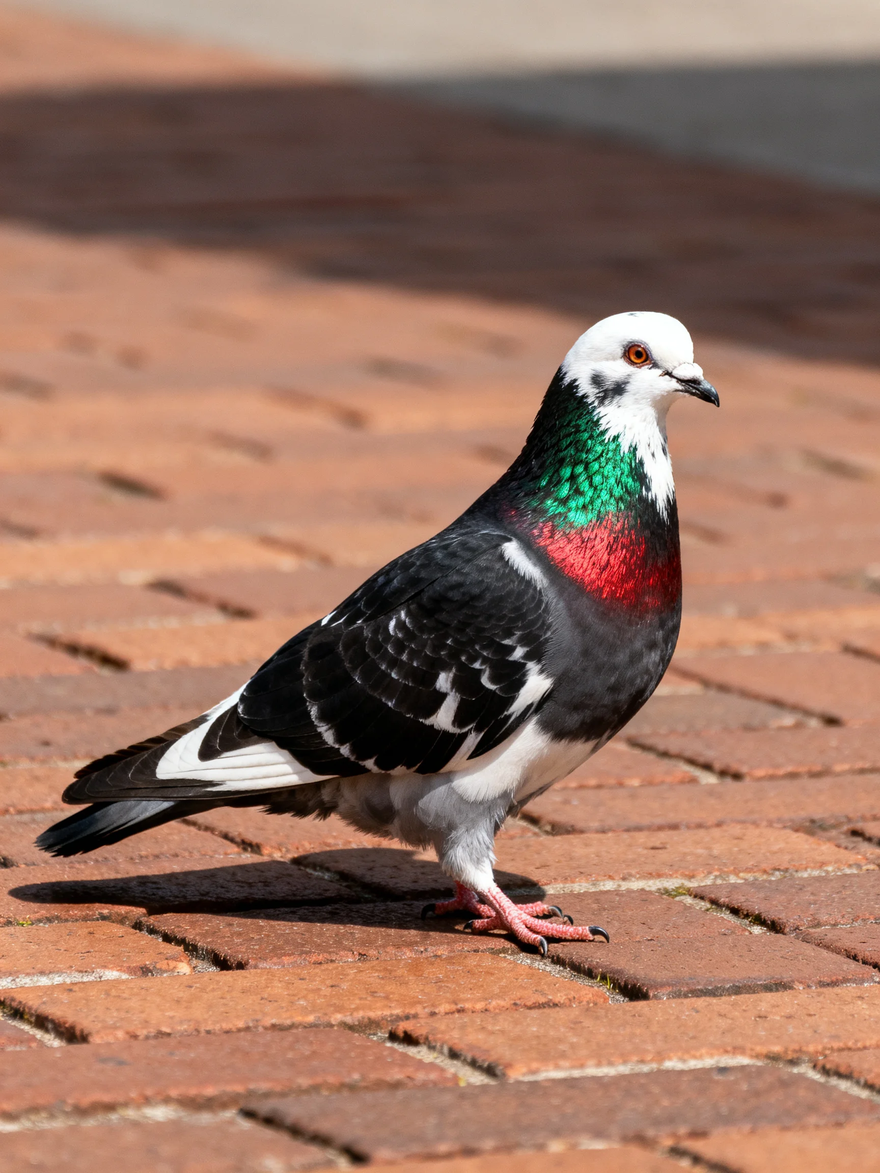 A vibrantly colored pigeon with green, red, and black plumage on brick pavement