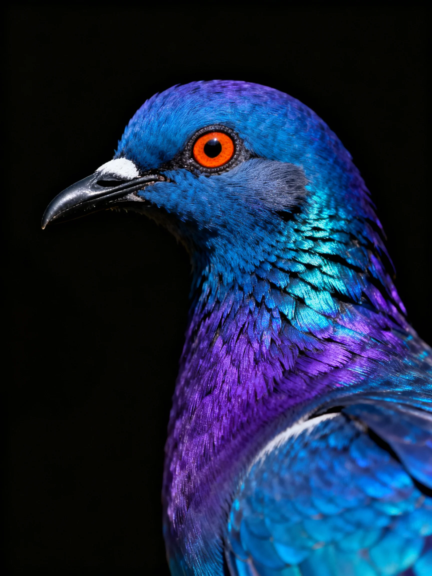 A vibrantly colored pigeon with iridescent blue and purple plumage
