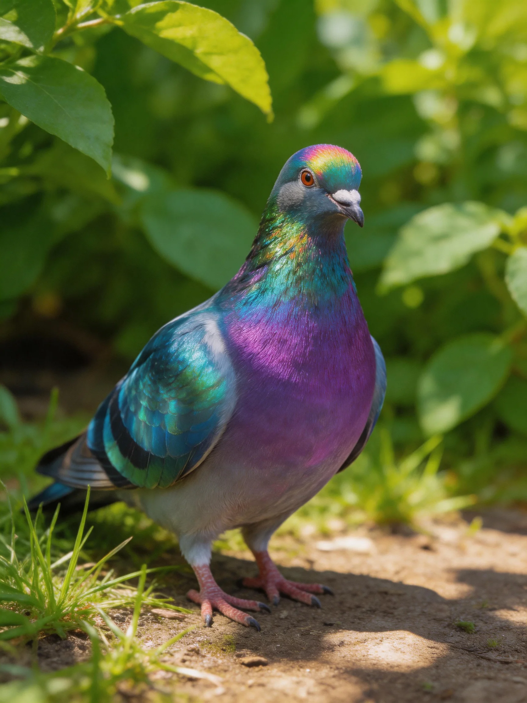 A vibrantly colored pigeon with iridescent blue, green, and purple feathers