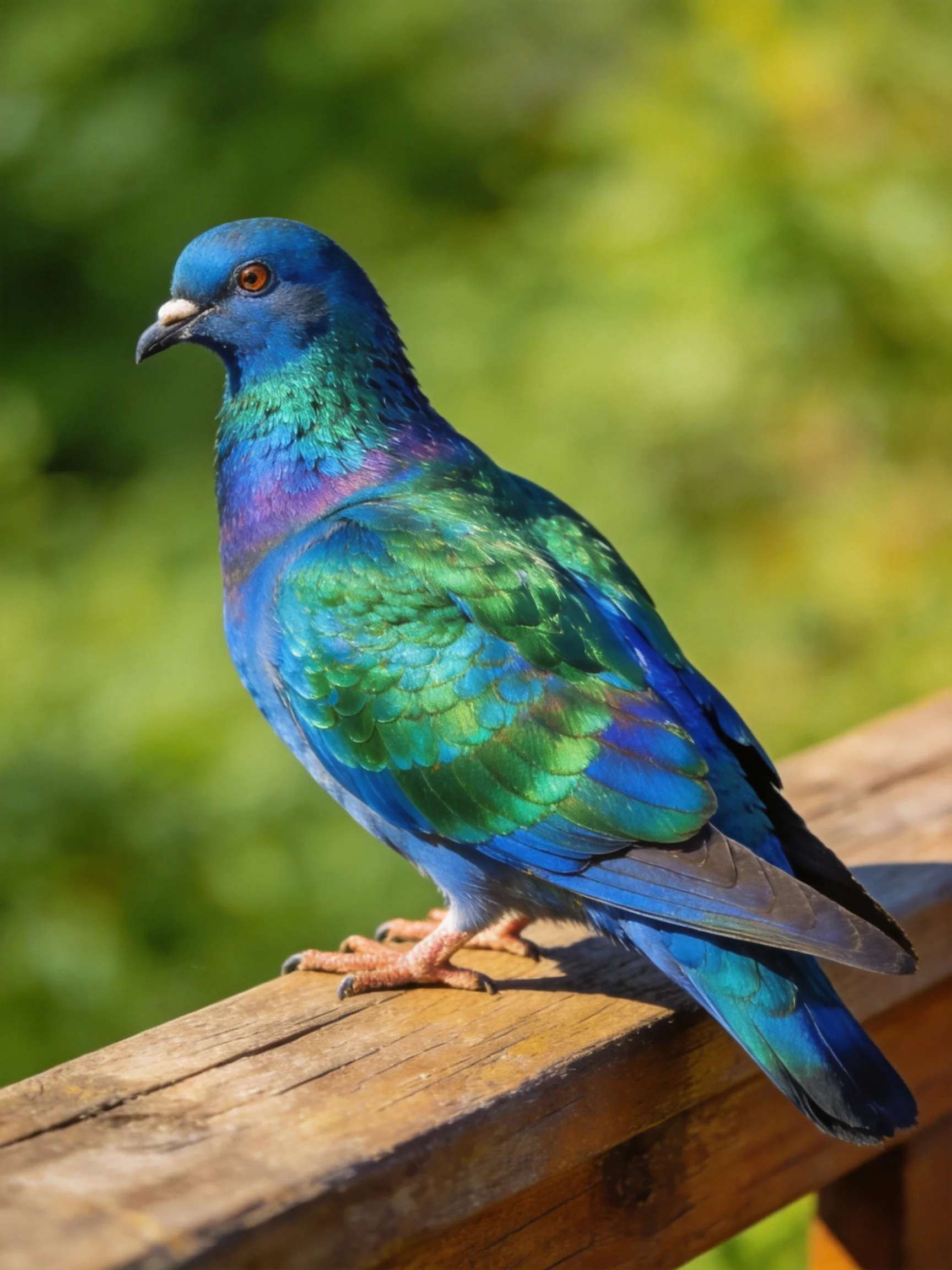 A vibrantly colored pigeon with iridescent feathers perched on a wooden railing