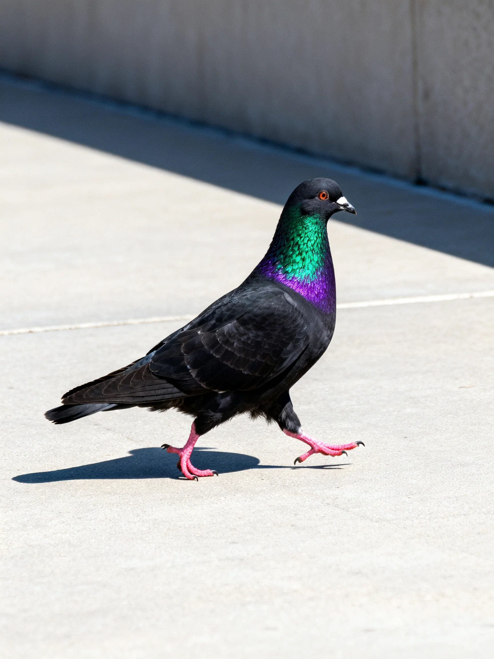 A vibrantly colored pigeon with iridescent neck walks on concrete