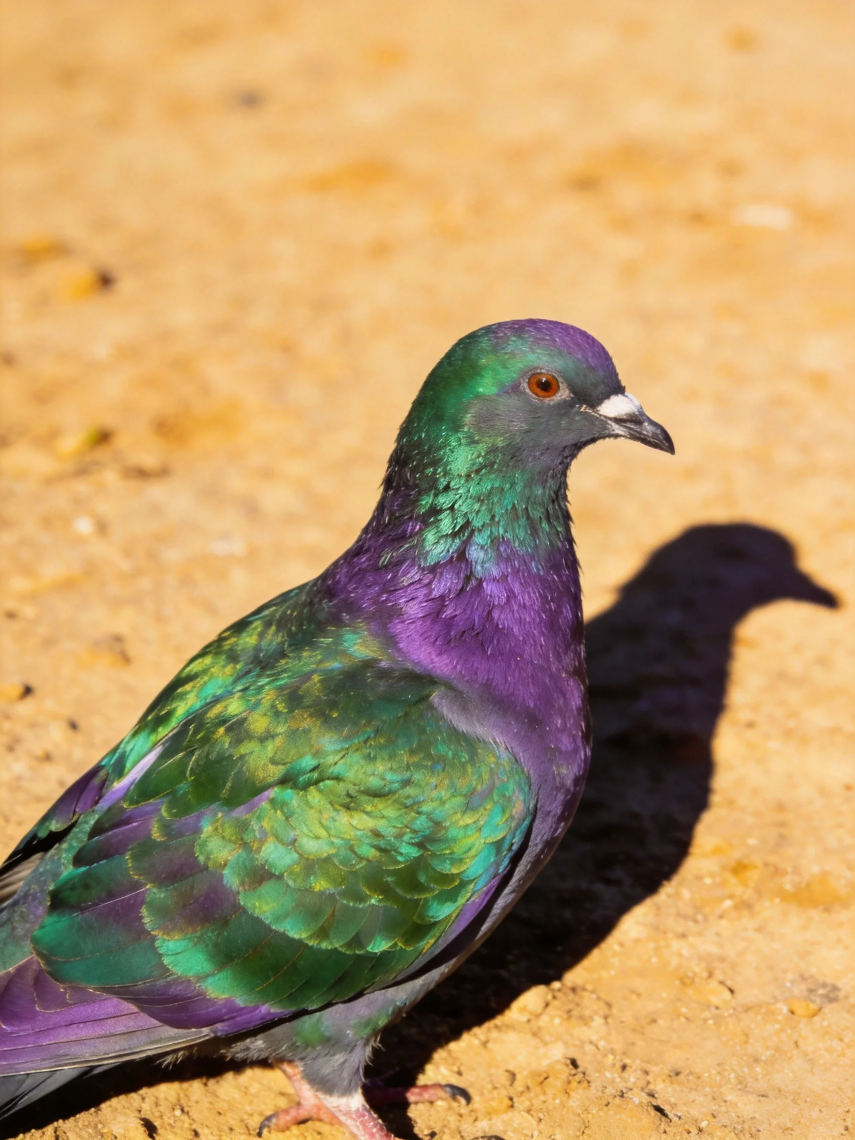 A vibrantly colored pigeon with purple and green plumage on sandy terrain