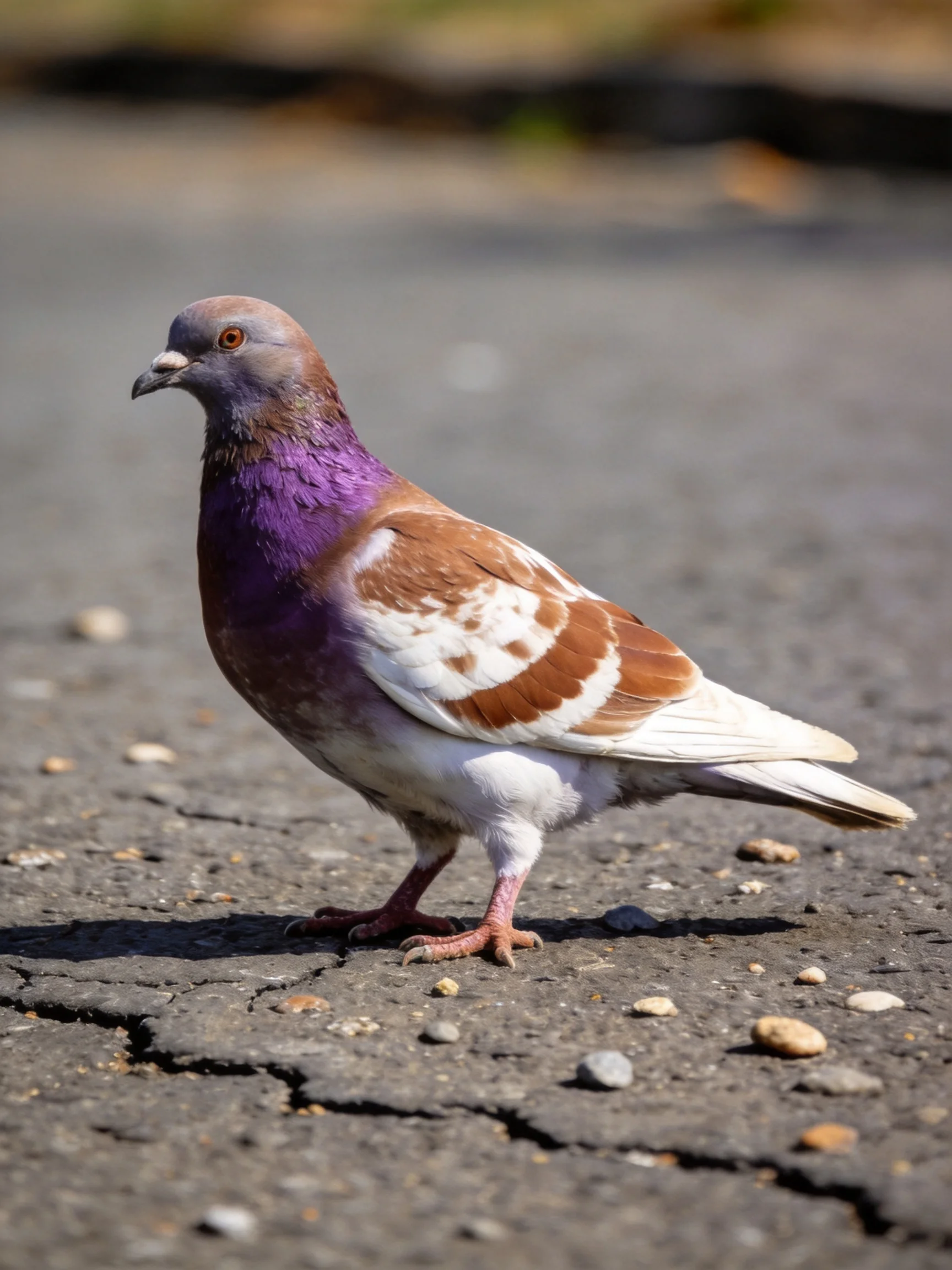 A vibrantly colored pigeon with purple neck, brown wings, on cracked pavement