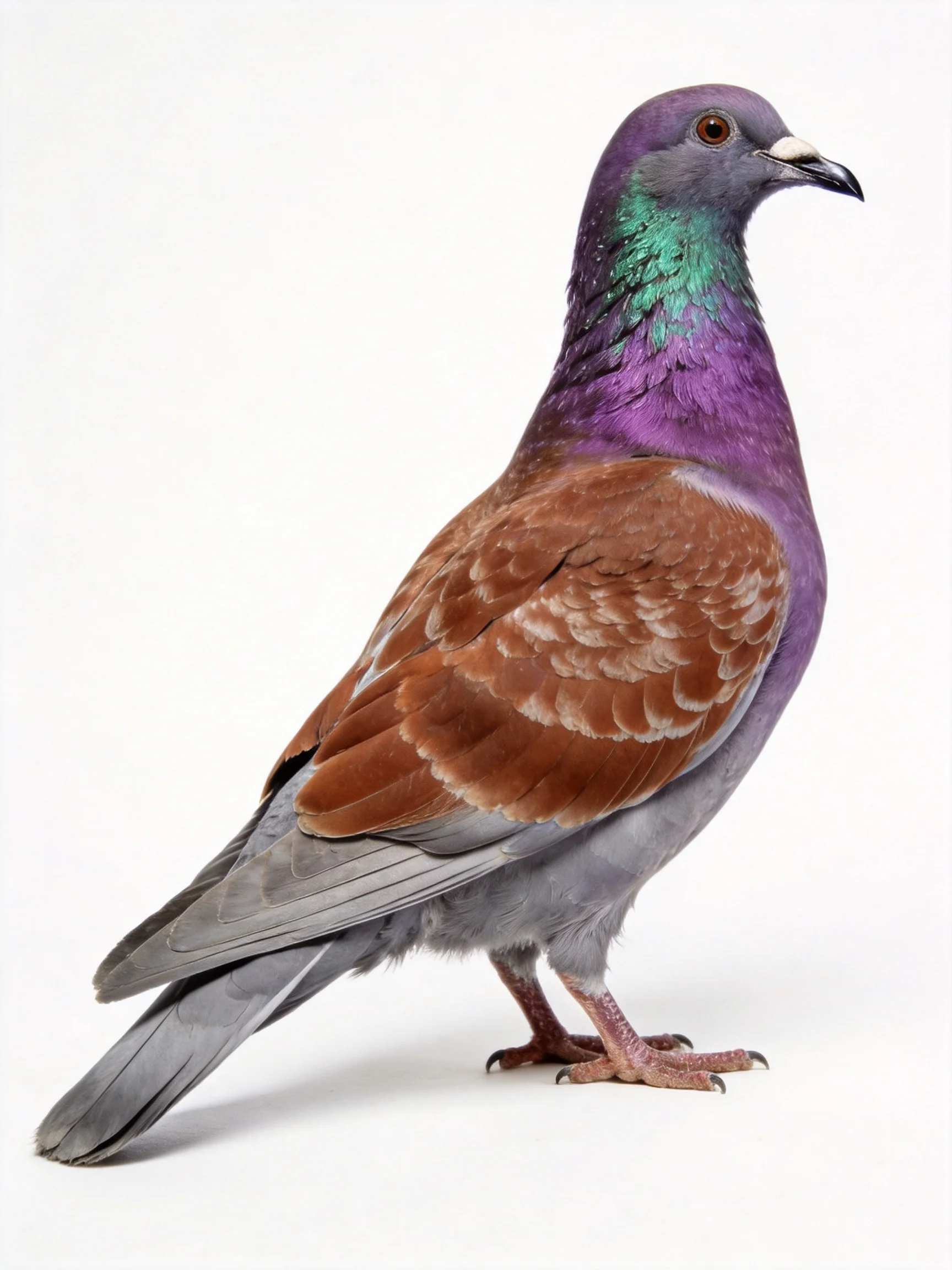 A vibrantly colored pigeon with purple, teal, and brown plumage