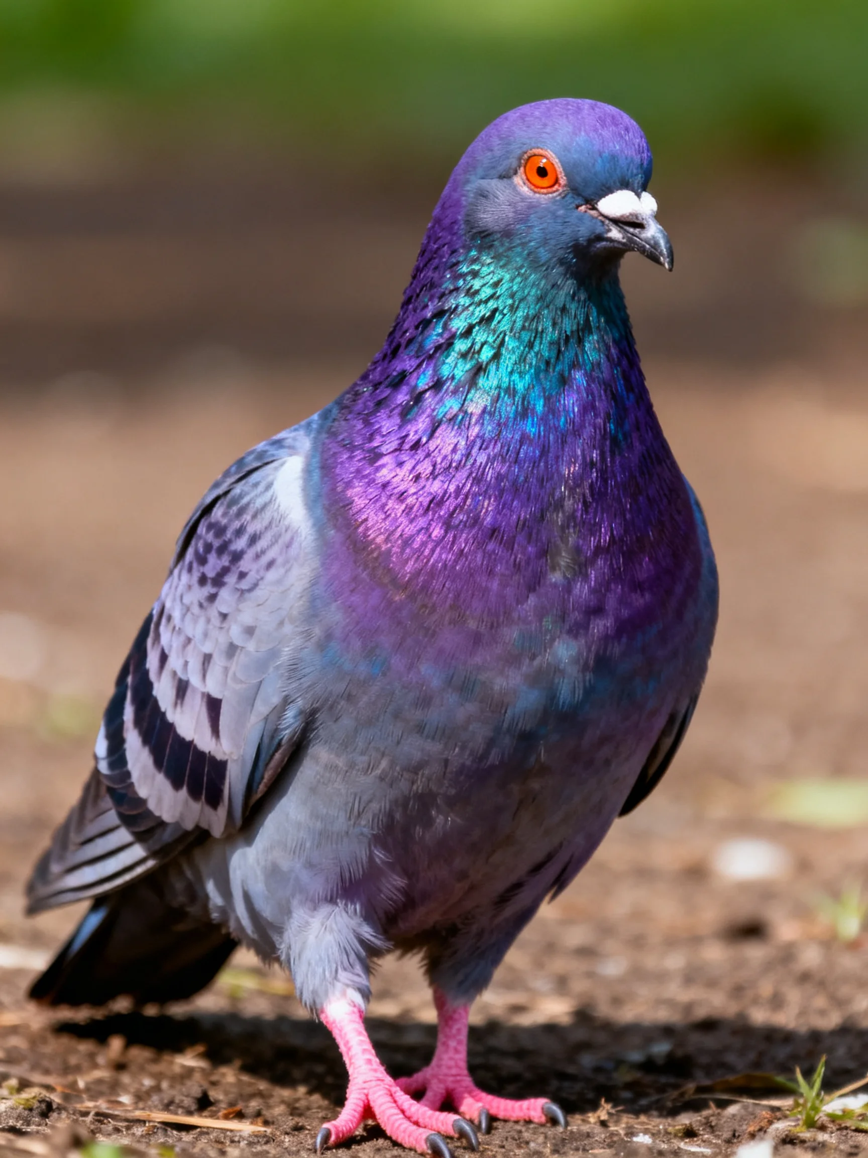 A vibrantly colored pigeon with purple, teal, and gray feathers