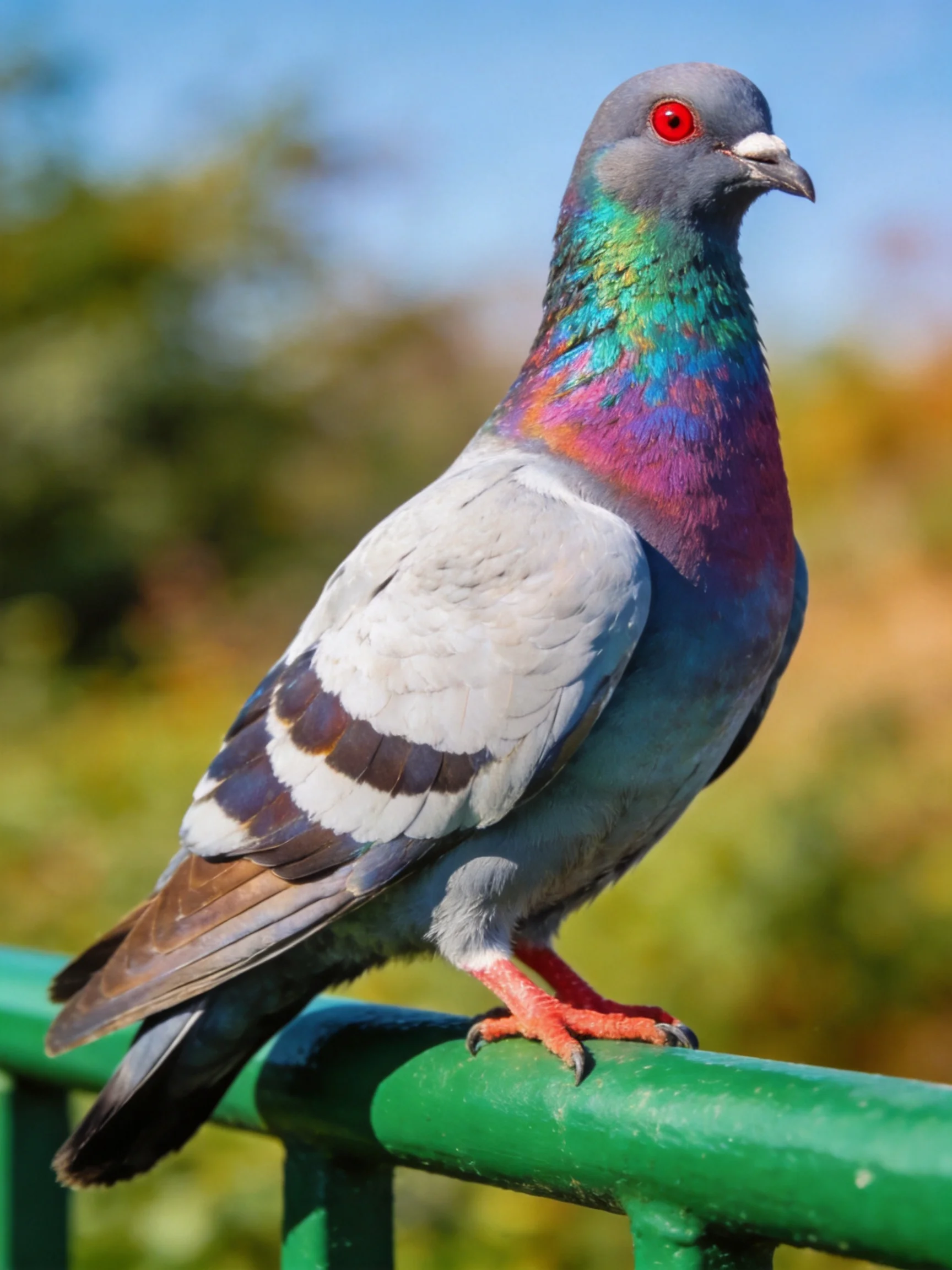 A vibrantly feathered pigeon perches on a bright green railing