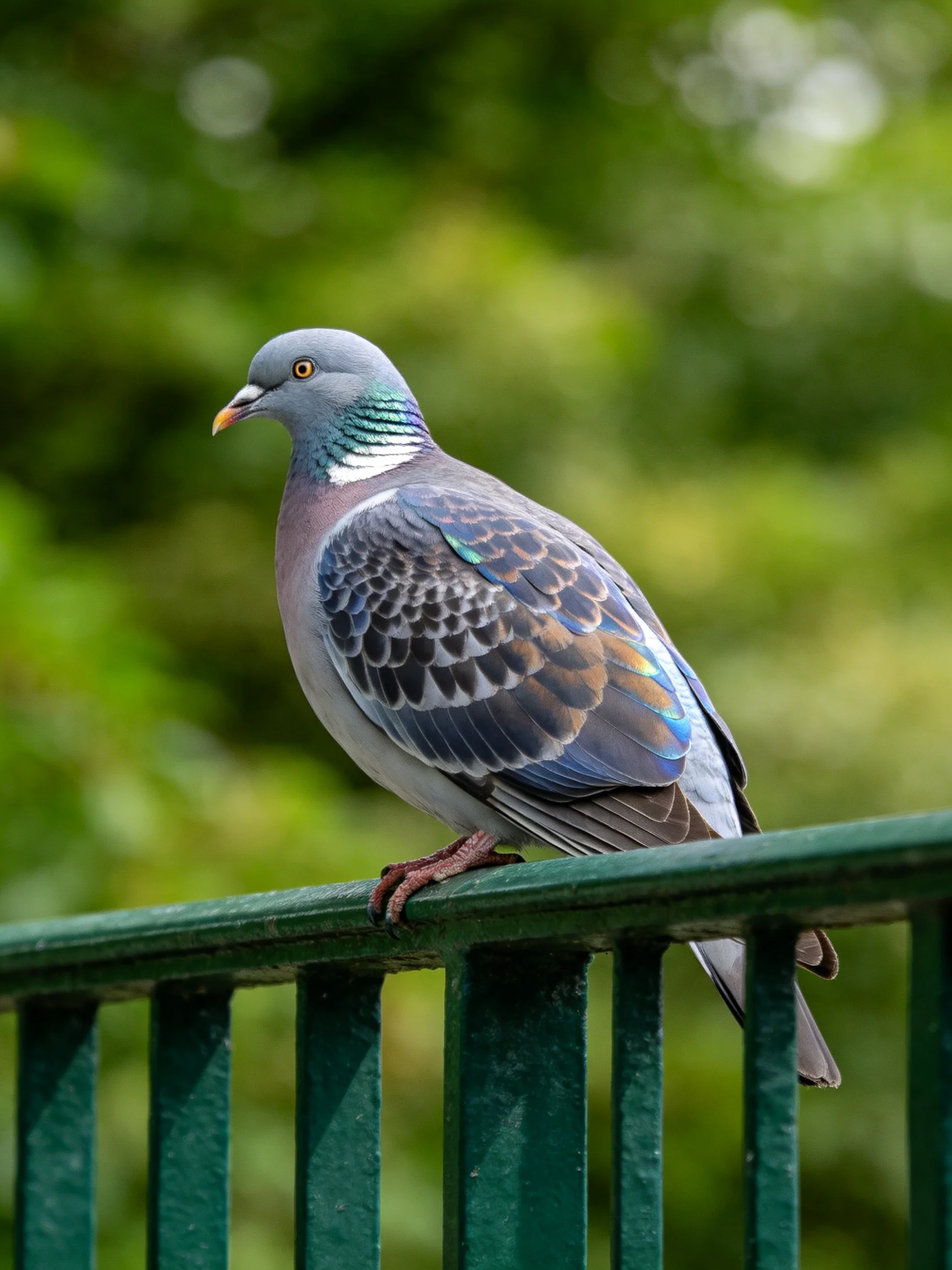A vibrantly feathered pigeon perches on a dark green railing