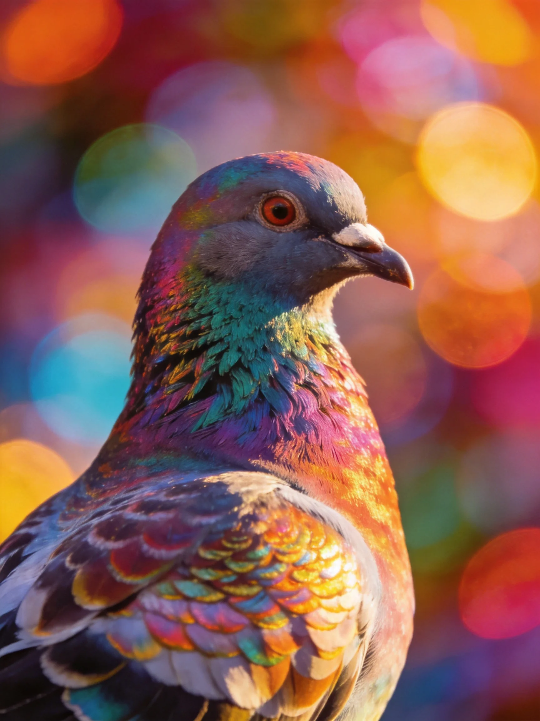 A vibrantly feathered pigeon with iridescent hues against blurred lights