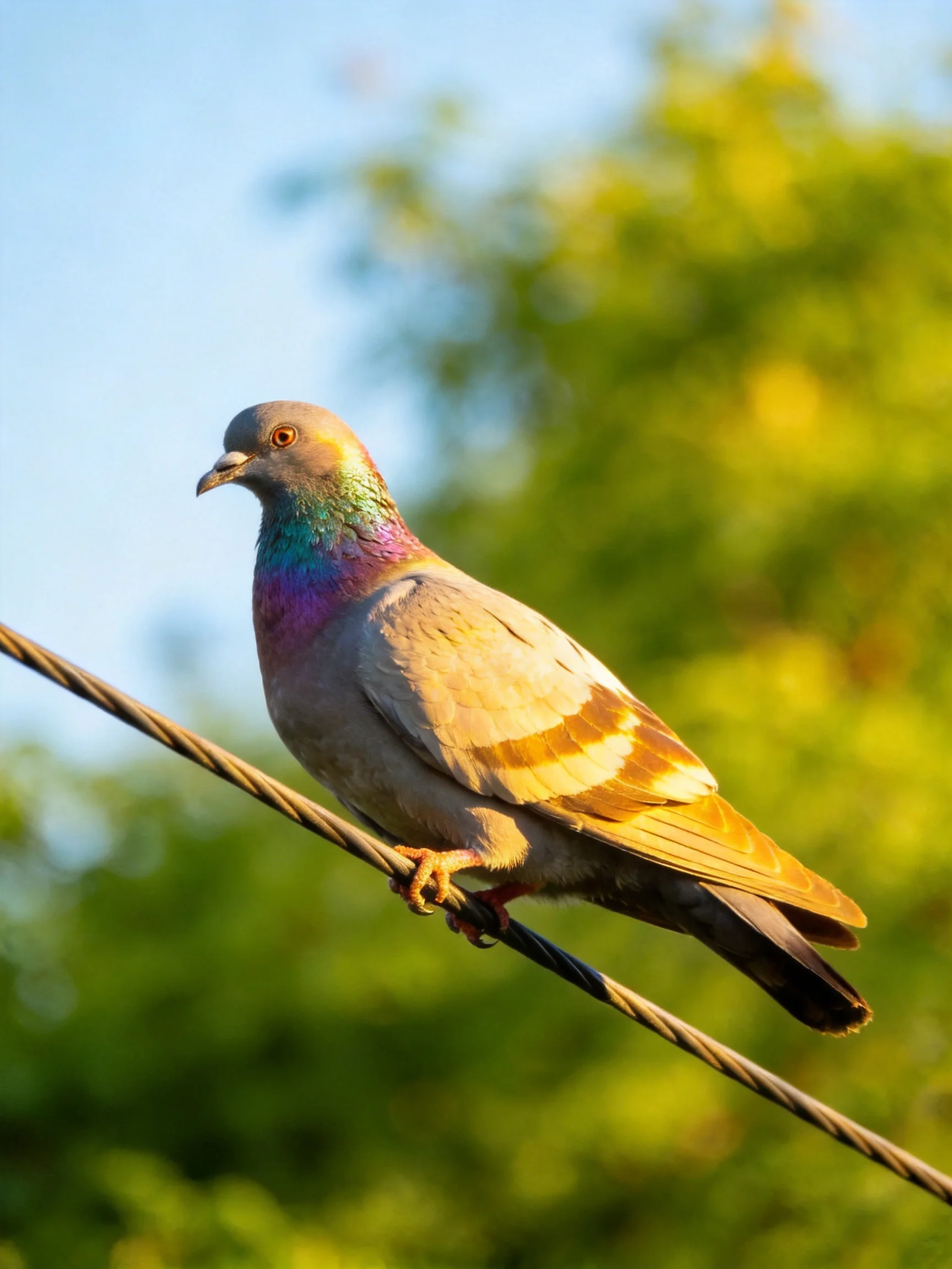 A vibrantly hued pigeon perches on a wire with green foliage