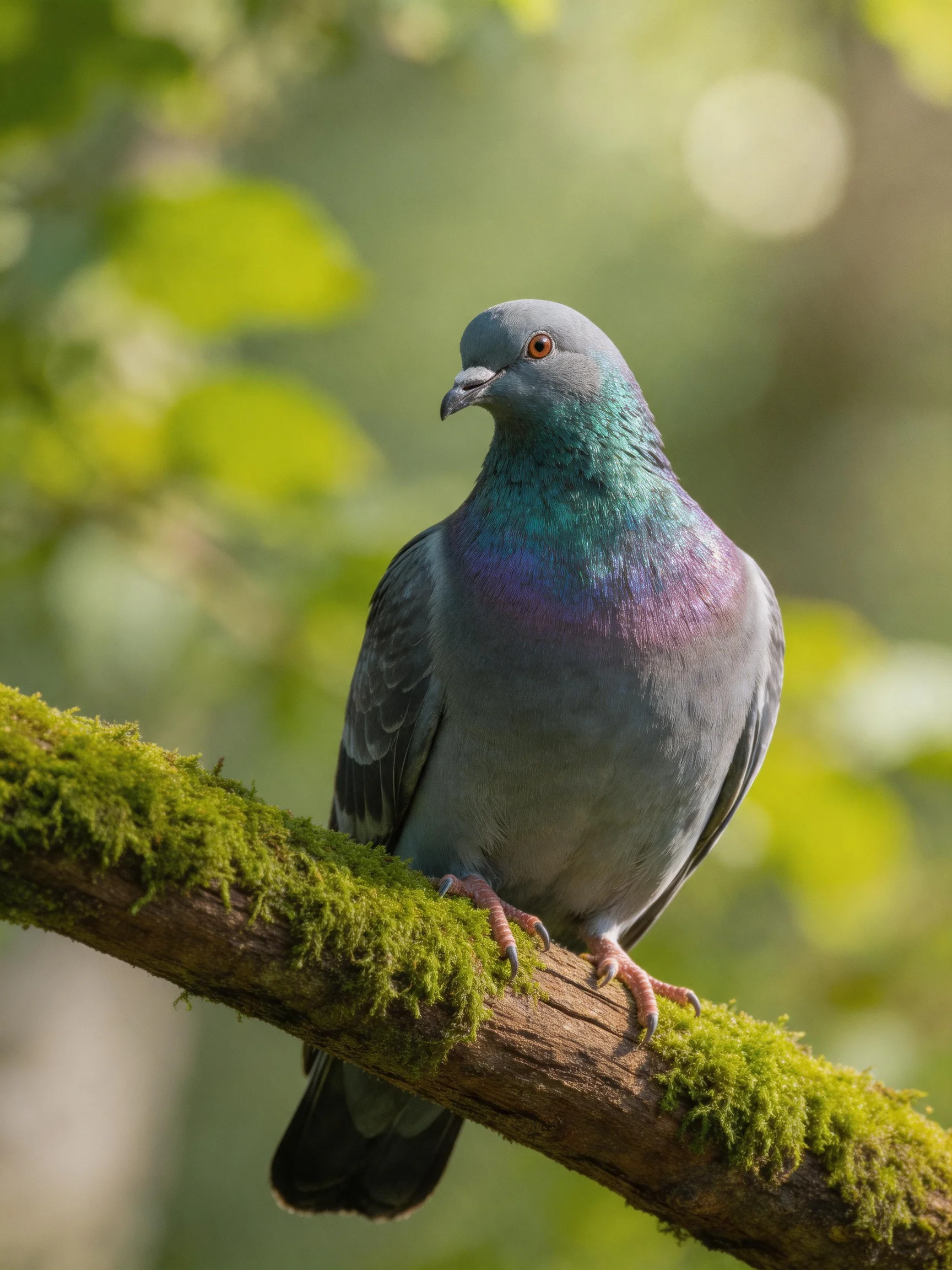 A vibrantpigeon perched on a moss-covered tree branch