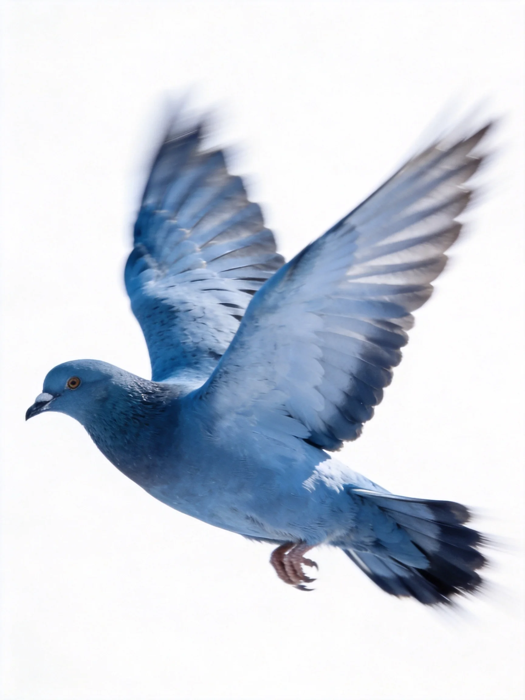 A vivid blue pigeon glides through the air with outstretched wings