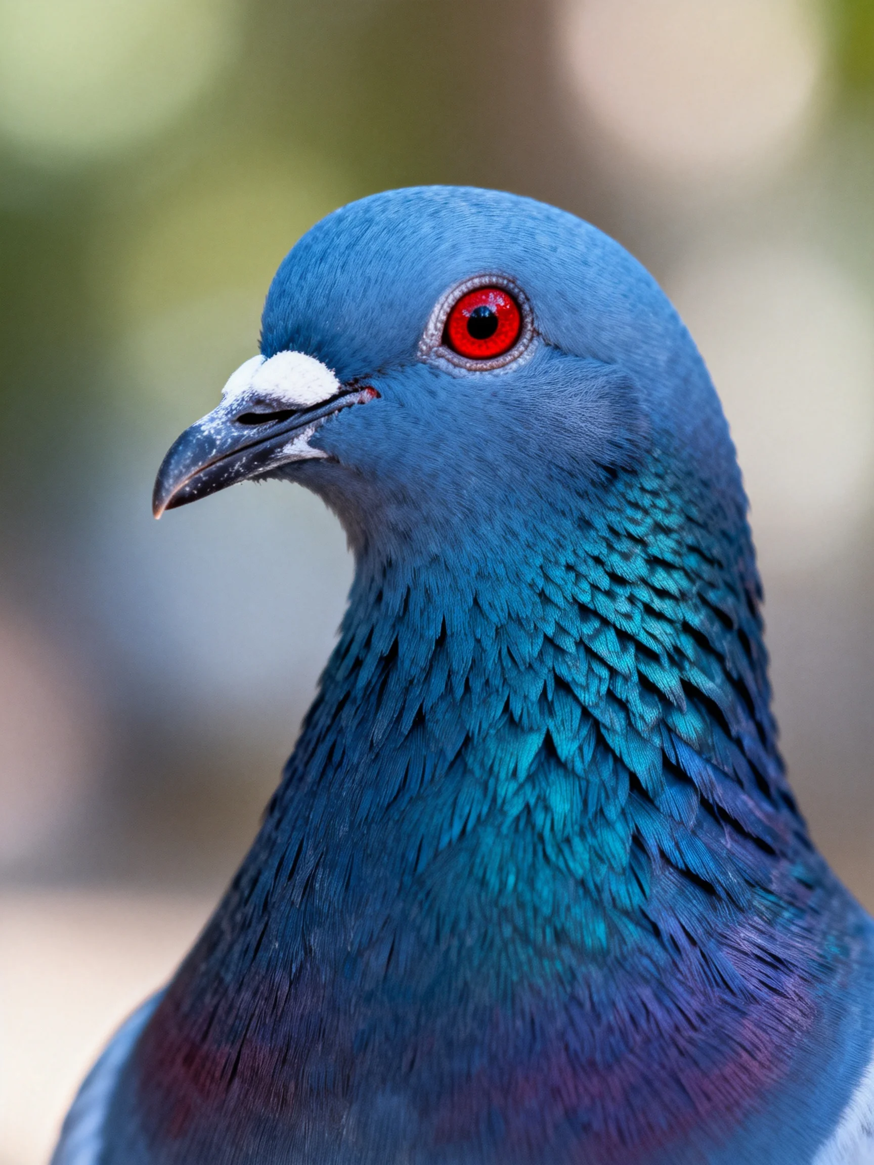 A vivid blue pigeon with iridescent teal neck feathers