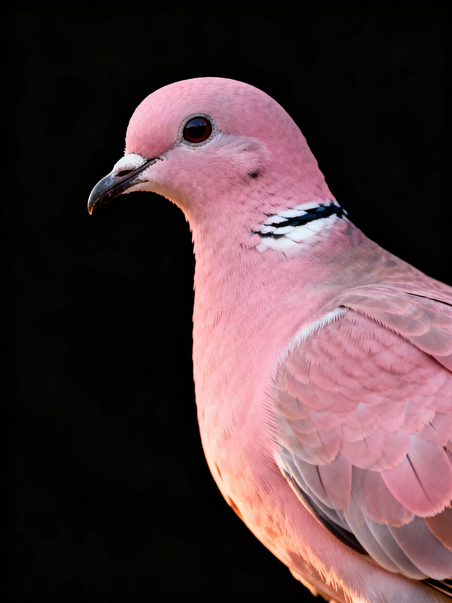 A vivid pink bird with distinct black and white neck stripes