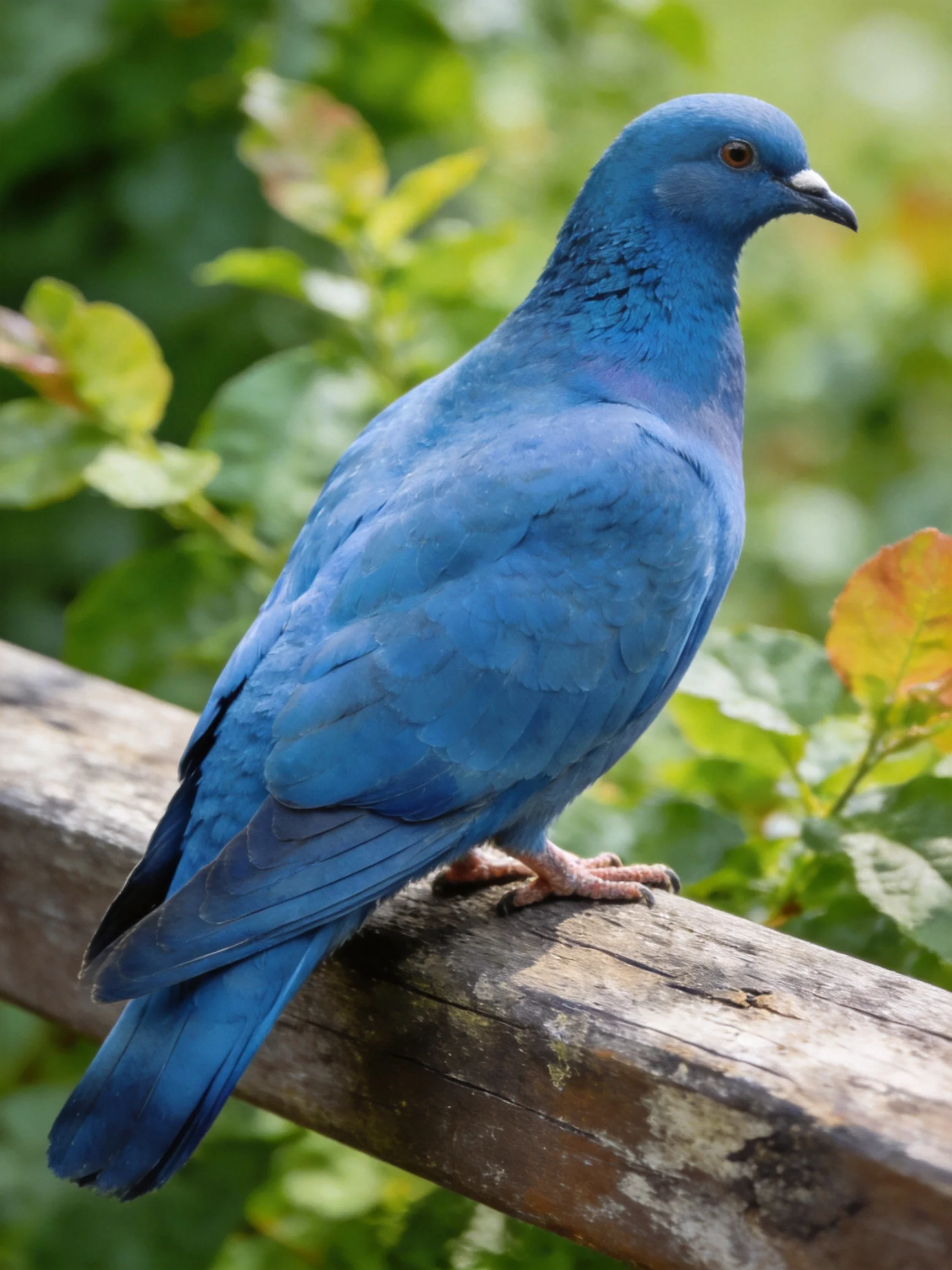 A vividly colored blue pigeon perched on a weathered wooden beam