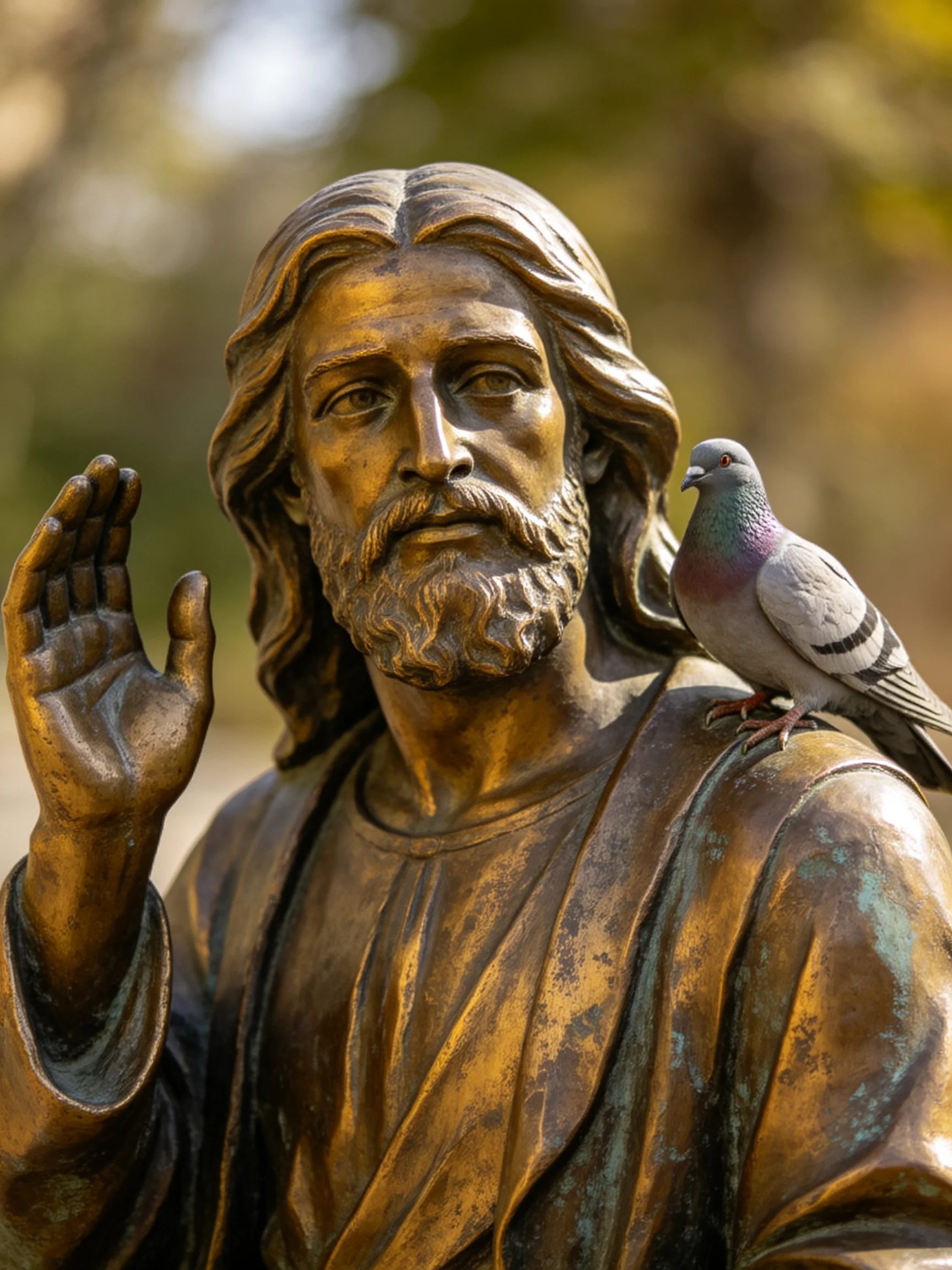 A weathered bronze statue of Jesus with a gray pigeon perched upon it