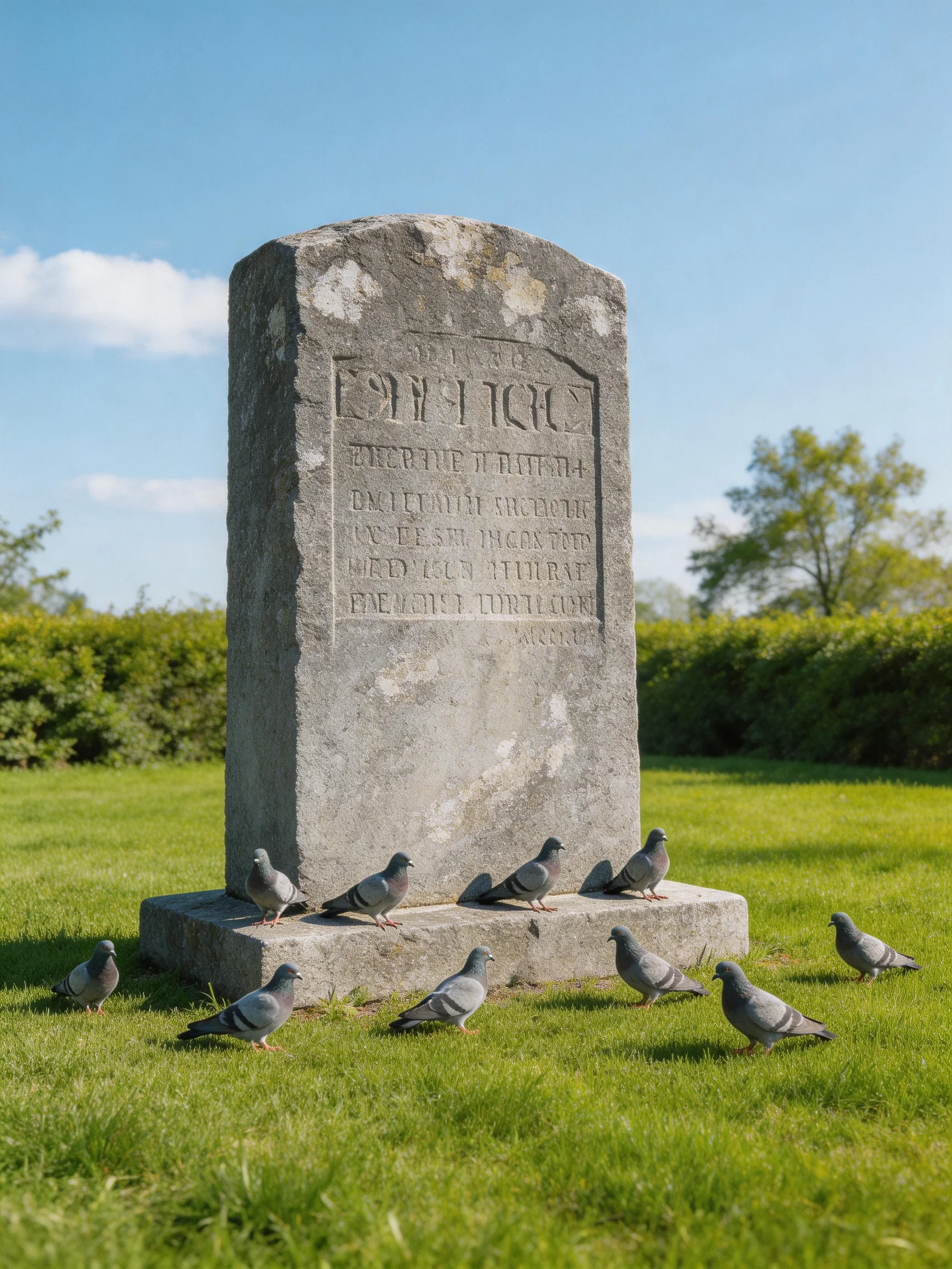 A weathered gray stone monument with pigeons on green grass