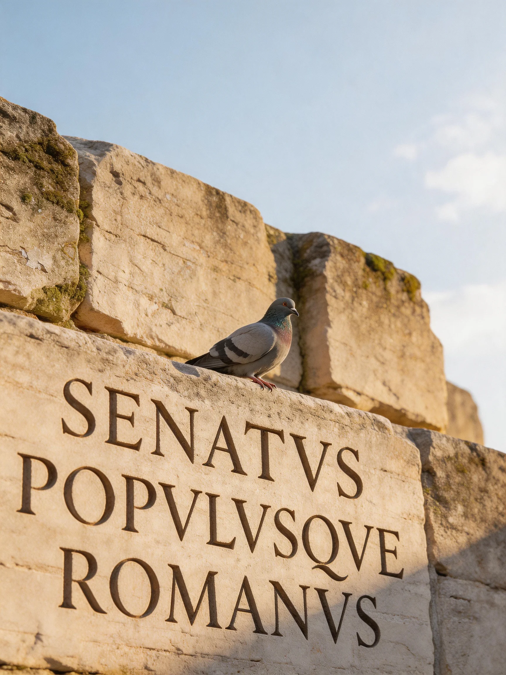 A weathered stone wall with Roman inscriptions and a pigeon
