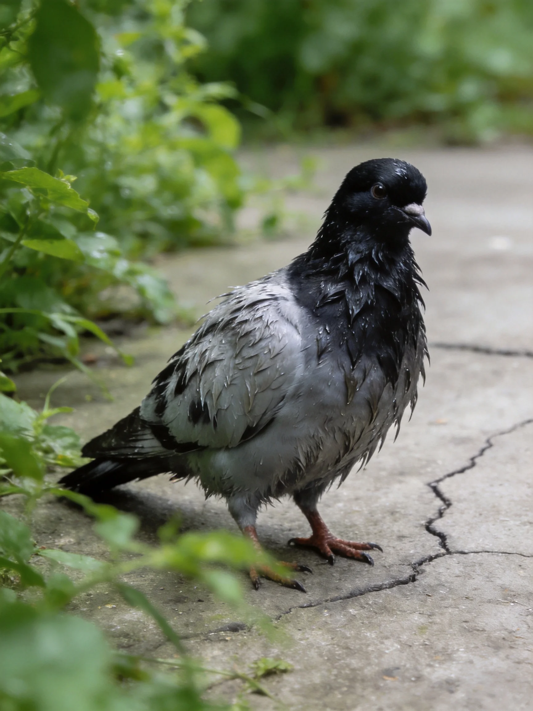 A wet black-and-gray pigeon on a cracked concrete path near greenery