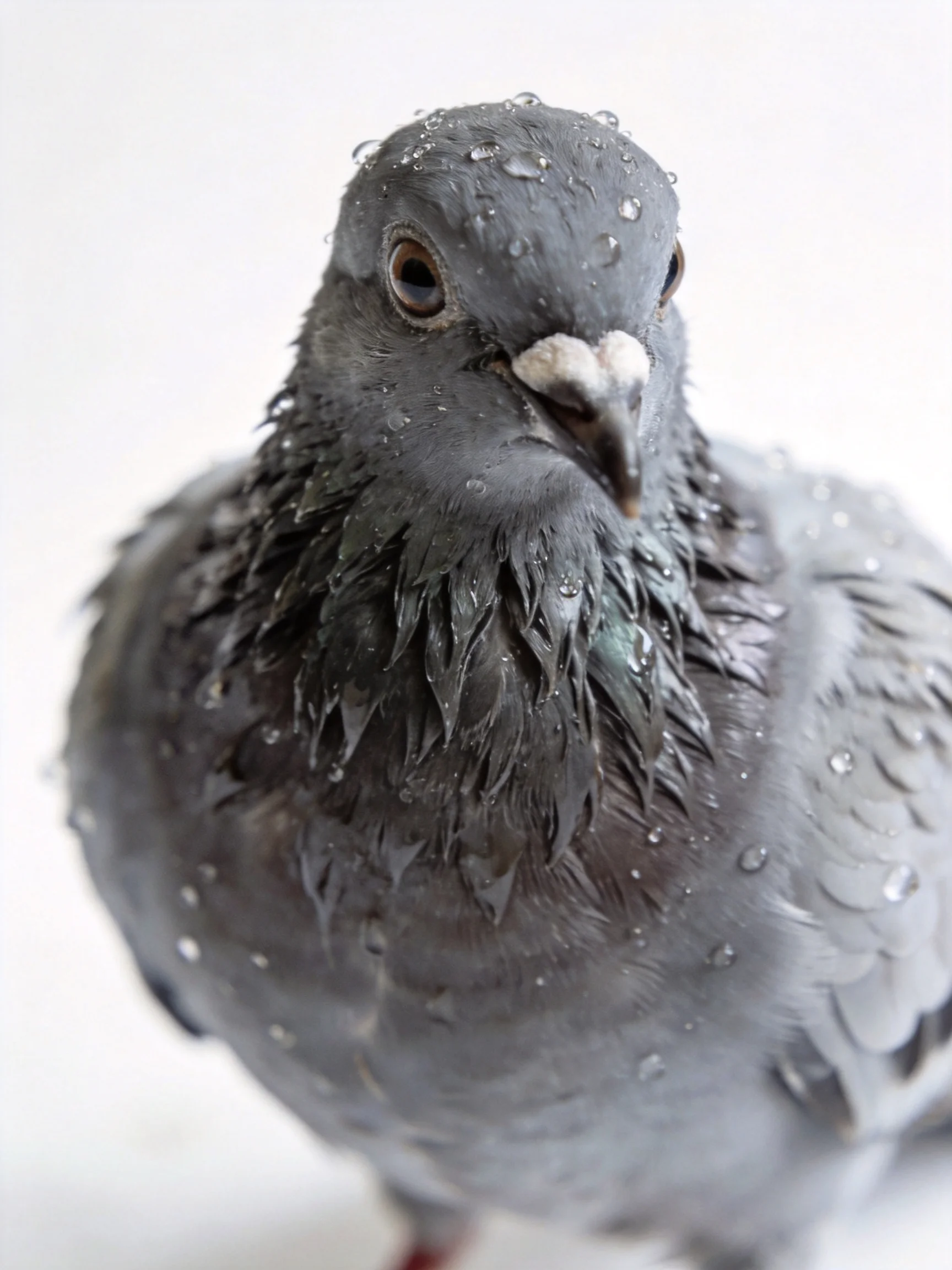 A wet gray pigeon with water droplets on feathers