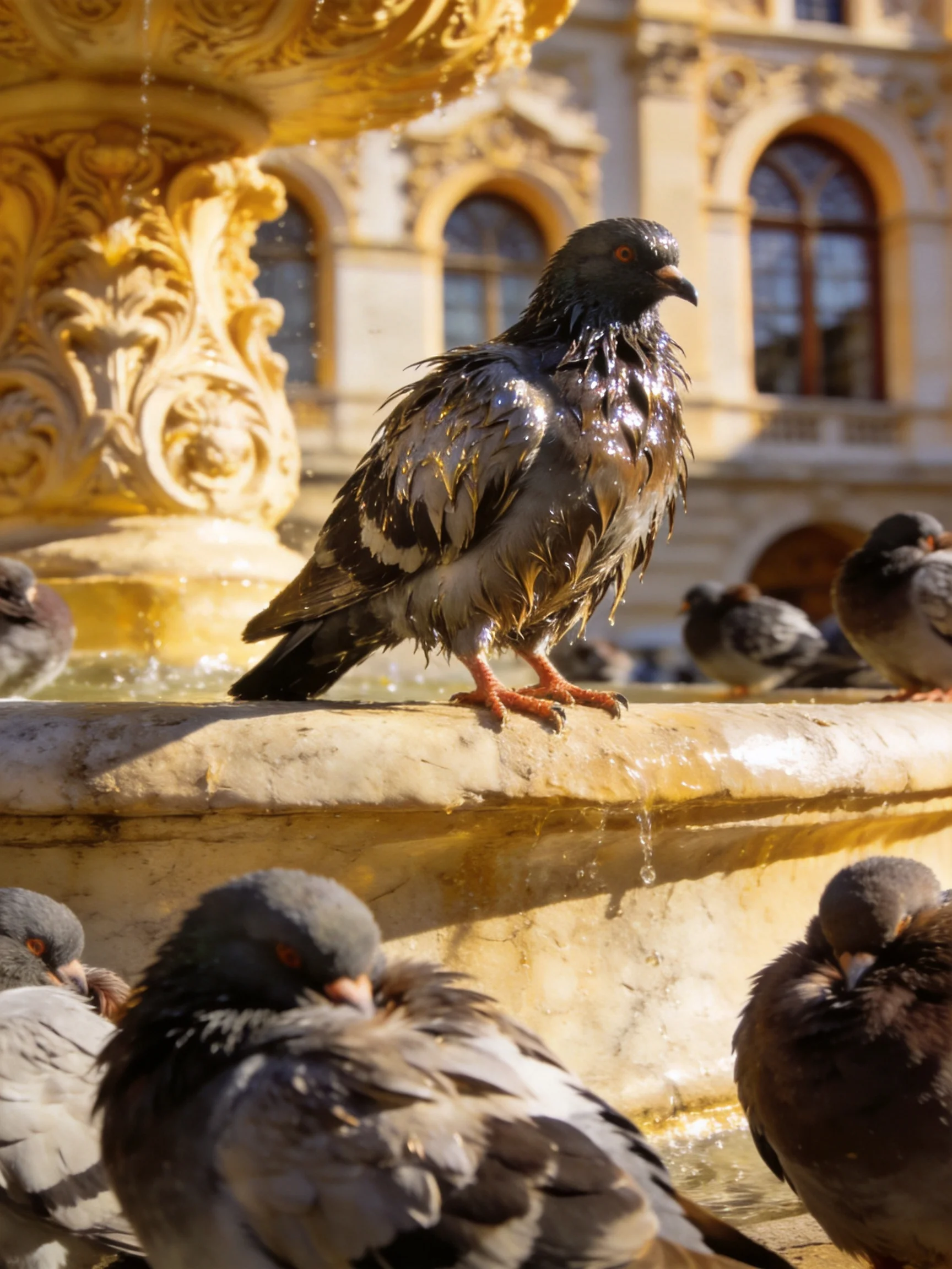 A wet pigeon perches on an ornate golden fountain with other pigeons nearby