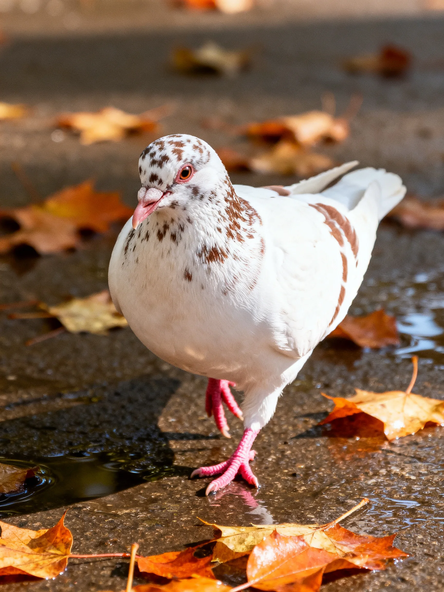 A white - spotted pigeon walking through fallen autumn leaves