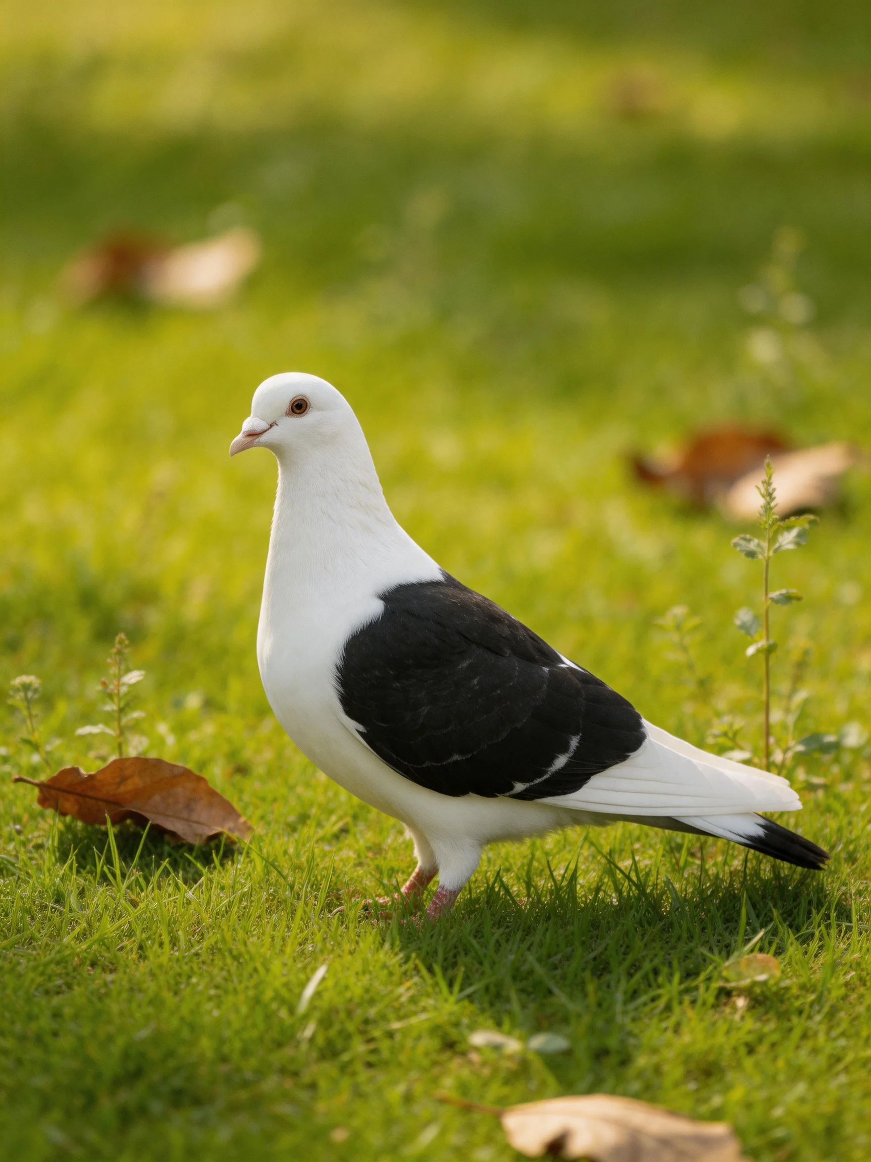 A white and black pigeon stands on green grass near fallen leaves.
