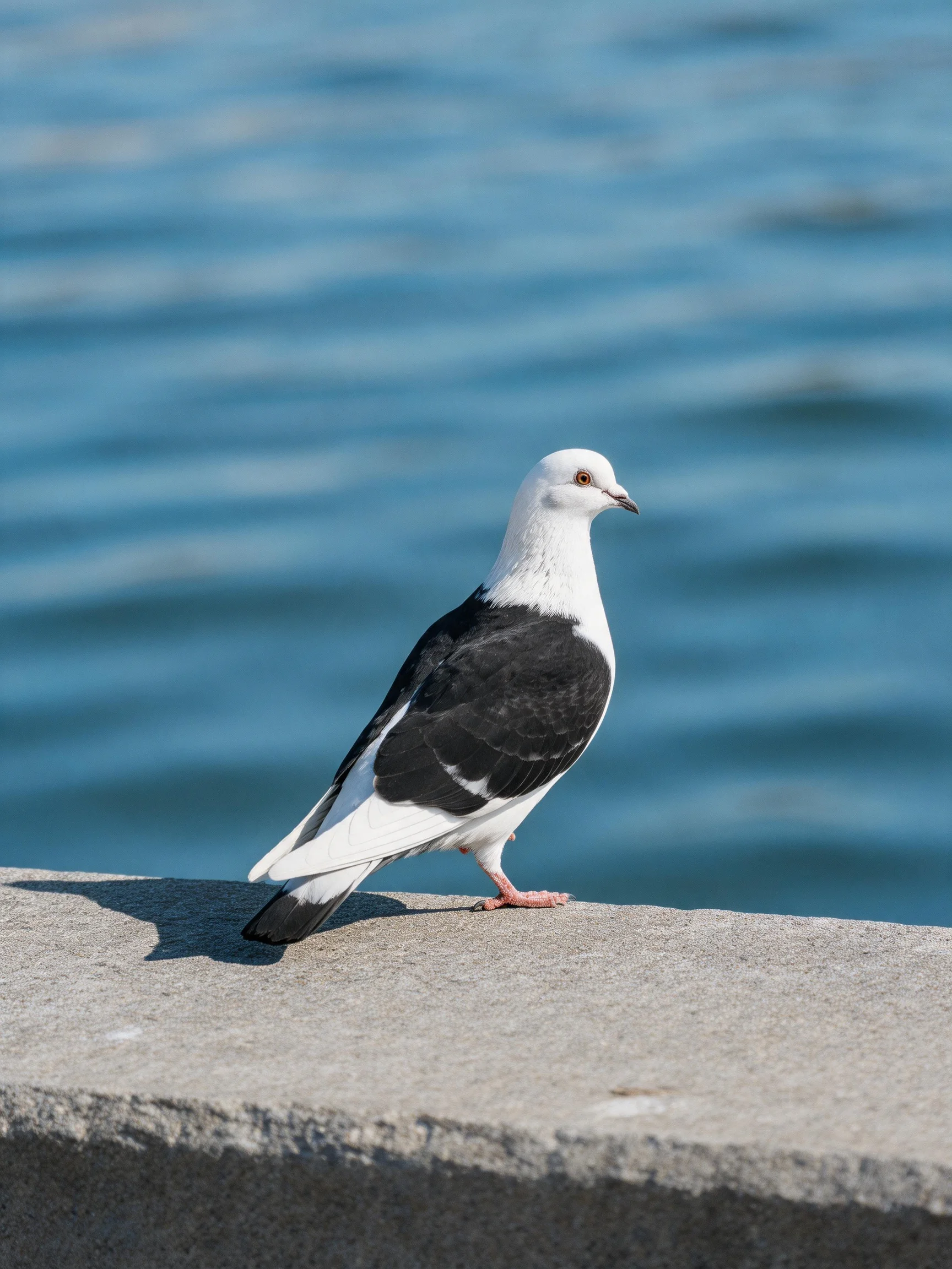 A white and black pigeon stands on a concrete ledge near blue water.